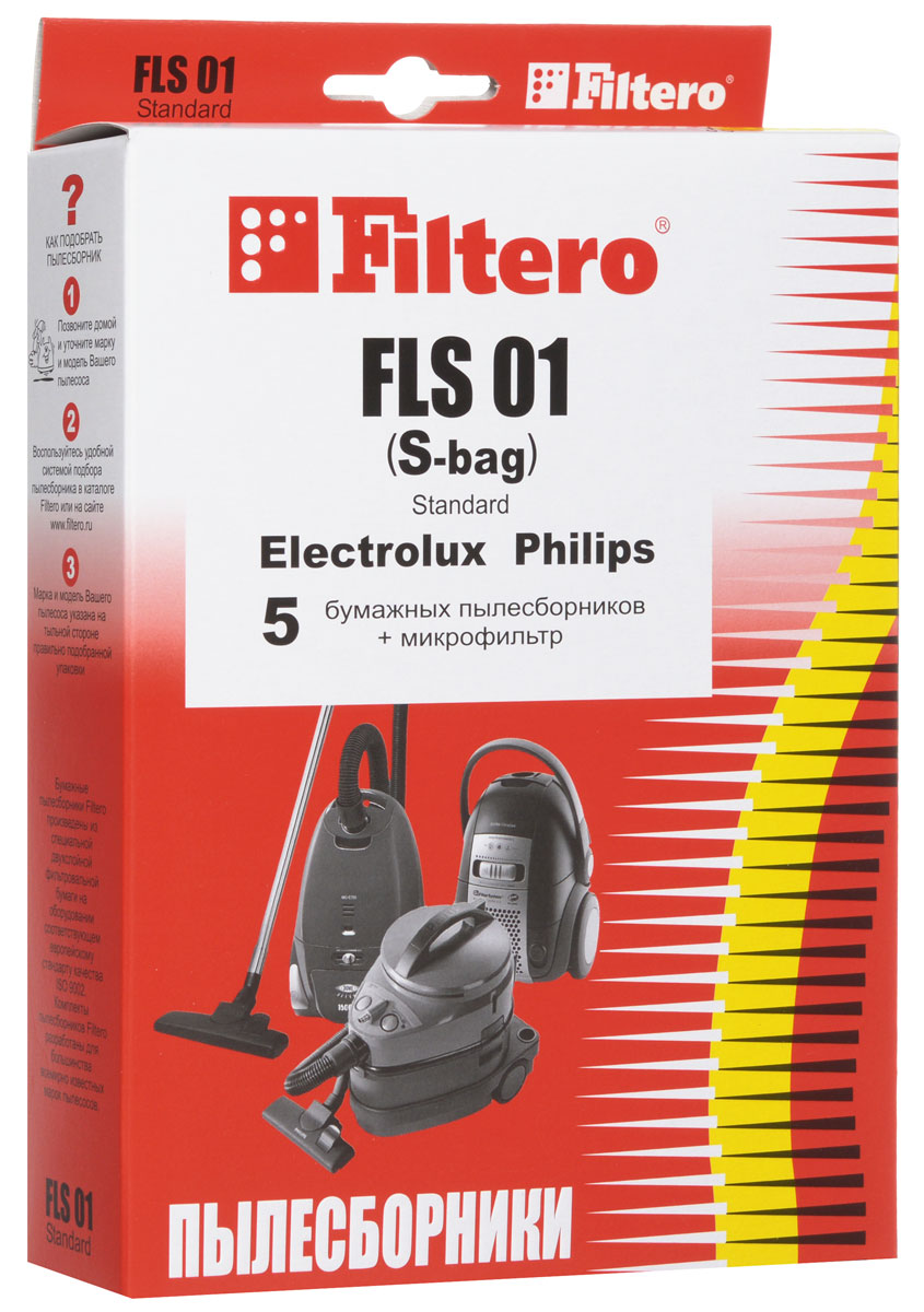 Filtero FLS 01 (S-bag) Standard пылесборник (5 шт)FLS 01 (S-bag) Standart Filtero FLS 01 (S-bag) Standard пылесборник (5 шт)FLS 01 (S-bag) StandartОдноразовые бумажные мешки для пылесосов Filtero FLS 01 (S-bag) Standard сделаны из высококачественной многослойной фильтровальной бумаги, которая пропускает воздух, но задерживает даже самые маленькие частицы пыли. Бумажные мешки для пылесосов защищают двигатель от основного потока пыли, а, следовательно, и от перегрева вследствие засорения и преждевременного износа. Они предназначены для одноразового использования и прекрасно подходят для уборки в больших помещениях. Пылесборники подходят для следующих моделей пылесосов: ELECTROLUX Z 1900 - Z 2095 Clario например: Z 2042 Clario Z 3310 - Z 3395 Ultra Silencer например: Z 3353 Ultra Silencer Z 4500 - Z 4595 Bolido Z 5000 - Z 5295 Excellio Z 5000 - Z 5695 Smartvac Z 5500 - Z 5695 Oxygen Z 5900 - Z 5995 Oxygen Z 6200, Z 6201 Mondo Plus Z 7330 - Z 7350 Oxygen Z 7530 - Z 7595 Clario ZAM 6100 - ZAM 6109 Air Max ZE...