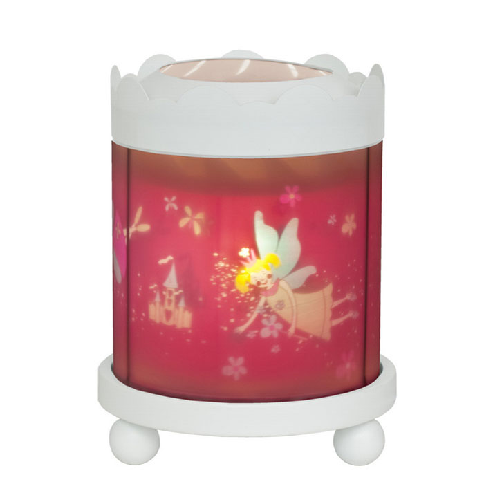 Trousselier Светильник-ночник с проектором Merry Go Round Magic Lantern Fairy Princess цвет белый43M12W 12V Trousselier Светильник-ночник с проектором Merry Go Round Magic Lantern Fairy Princess цвет белый43M12W 12VНочники Trousselier - идеальный аксессуар для детской комнаты. Нежный свет и красочные картинки создадут атмосферу уюта, успокоят и убаюкают кроху. Вы можете подобрать картинку, а также музыкальную подставку с подзаводом (опция). Ночник с двойной функцией - вращающаяся картинка внутри, либо, как проектор на стену. При удалении белого цилиндра, лампа проецирует на стены изображение героев. Цилиндр ночника вращается благодаря системе нагрева от лампочки 12 V 20 W, розетка E 14.C. Материал: металлический корпус, деревянные ножки, пластиковый, жароустойчивый цилиндр. Поставляется в подарочной упаковке. Размер: 16,5 x 19 см.