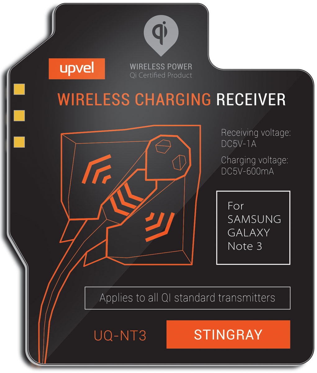 UPVEL UQ-NT3 Stingray для Samsung Galaxy Note 3, Black модуль-приемник беспроводной зарядки стандарта QiUQ-NT3 STINGRAY UPVEL UQ-NT3 Stingray для Samsung Galaxy Note 3, Black модуль-приемник беспроводной зарядки стандарта QiUQ-NT3 STINGRAYUPVEL UQ-NT3 позволяет заряжать Samsung Galaxy Note 3 при помощи беспроводных зарядных устройств стандарта Qi. Плоский модуль беспроводной зарядки фиксируется на аккумуляторной батарее смартфона, под задней крышкой. Устройство не влияет на нормальную работу смартфона и на его внешний вид.Рабочее расстояние: 3-7 ммЭффективность: 500 мАчСтандарты: WPC