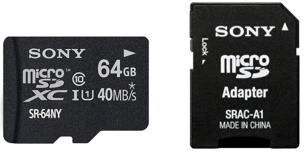 Sony microSDXC Class 10 64GB карта памяти с адаптером (SR64NYAT)SR64NYAT Sony microSDXC Class 10 64GB карта памяти с адаптером (SR64NYAT)SR64NYATРасширьте возможности своего смартфона, используя высокоскоростную карту памяти Sony microSDXC Class 10 со скоростью чтения и передачи данных до 40 МБ/с. Накопитель способен хранить данные любого типа, а в комплект с устройством входит переходник, позволяющий подключать карту памяти к компьютеру. Карта памяти Sony может быть использована в телефонах, планшетах, ноутбуках, мультимедийных плеерах и многих других гаджетах. Также карта памяти обладает высокой надежностью, устойчивостью к рентгеновскому излучению, экстремальным температурам и ударопрочностью.