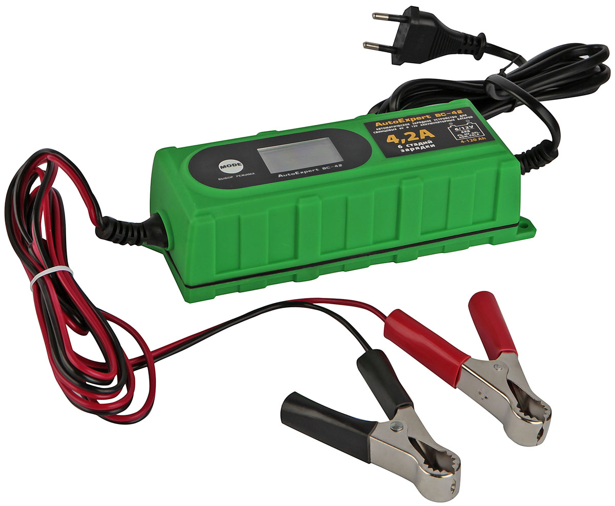 AutoExpert BC 42, Green зарядное устройство для АКБ автомобиля2012506200424 AutoExpert BC 42, Green зарядное устройство для АКБ автомобиля2012506200424AutoExpert BC 42 - компактное зарядное устройство для обслуживания и зарядки всех типов 12 вольтовых и 6 вольтовых свинцовых аккумуляторных батарей, используемых в автомобилях и мототехнике. Функциональные особенности: Полностью автоматическая работа Микропроцессорное управление LCD дисплей Совместимость со всеми типами свинцово-кислотных АКБ, включая необслуживаемые Защита от перегрева, перегрузки, неверного подключения, короткого замыкания Влагостойкий корпус Дополнительно: Режим зарядки: 6 стадий, полностью автоматический Температура использования: -10С…+45 °С Емкость заряжаемой батареи: 1,2-120 Ач Макс. ток, А: 4,2 Выходное напряжение, В: 7,3/14,4-14,7 Особенности: Защита от короткого замыкания, Защита от перегрева, Защита от перегрузки по току