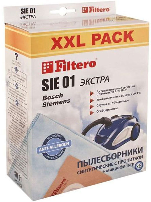 Filtero SIE 01 XXL Pack Экстра пылесборник (8 шт)SIE 01 (8) XXL PACK ЭКСТРА Filtero SIE 01 XXL Pack Экстра пылесборник (8 шт)SIE 01 (8) XXL PACK ЭКСТРАПылесборники Filtero SIE 01 XXL Экстра произведены из синтетического микроволокна MicroFib с антибактериальной пропиткой Anti-Bac. Очень прочные, они не боятся острых предметов и влаги, собирают больше пыли (до 50%) и обеспечивают уровень очистки воздуха 99,9%, а также задерживают бактерии и препятствуют их распространению. При этом мощность всасывания пылесоса сохраняется в течение всего периода службы пылесборника. Пылесборники подходят для следующих моделей пылесосов: BOSCH BBS 1000 - BBS 1199 Alpha\Solida BBS 2000 - BBS 2299 Alpha BBS 2400 - BBS 2999 Alpha BBS 5000 - BBS 5999 Optima BBS 6310 - BBS 6399 с коробом BBS 7000 - BBS 7999 Compacta BBS 8000 - BBS 8999 Perfecta BSA 2000 - BSA 2999 Solitaire / Speedy / Sphera BSA 3000 - BSA 3999 Sphera BSC 1000 - BSC 1999 Casa / Easy Control / Pro Parquet BSD 2300 - BSD 3099 Sphera BSF 1000 - BSF 1999 Ultra BSF 2190 BSG 2000 Aquaera BSG...