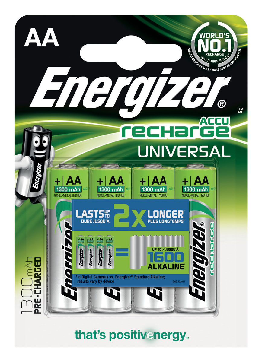 Аккумулятор Energizer Recharge Universal, тип AA, 1300 mAh, 4 шт638590/E300322100 Аккумулятор Energizer Recharge Universal, тип AA, 1300 mAh, 4 шт638590/E300322100Аккумулятор Energizer Recharge Universal - это источник энергии многоразового использования. Предназначены для регулярно используемых устройств, что позволяет вам экономить деньги и производить меньше отходов, меняя батарейки реже. Никель-металлгидридные аккумуляторы работают до 2 раз дольше в цифровых фотокамерах по сравнению с обычными щелочными батарейками Energizer. 4 аккумулятора заменяют до 1600 обычных щелочных батареек Energizer в цифровых фотокамерах, результат зависит от устройства. Для подзарядки аккумуляторов использовать зарядные устройства Energizer или другие зарядные устройства для никель-металлгидридных аккумуляторов. - Аккумуляторы предварительно заряжены. - Длительный срок службы - до 195 цифровых фотографий с одной зарядки. - Выдерживают 1000 циклов заряда, основано на стандартах МЭК. - Работают при температуре от 0°С до +50°С.