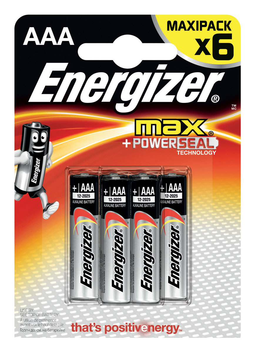 Батарейка Energizer Max, тип ААA/LR03, 1,5 V, 6 штE300131700 Батарейка Energizer Max, тип ААA/LR03, 1,5 V, 6 штE300131700Батарейка Energizer Max - безотказный источник энергии для устройств повседневного пользования. Чаще всего применяется в пультах управления, небольших фонарях, часах, радио. Это первая в мире щелочная батарейка без ртути. Работает до 45% дольше, держит заряд до 10 лет. Стандартные щелочные батарейки Energizer защищены от протеканий.