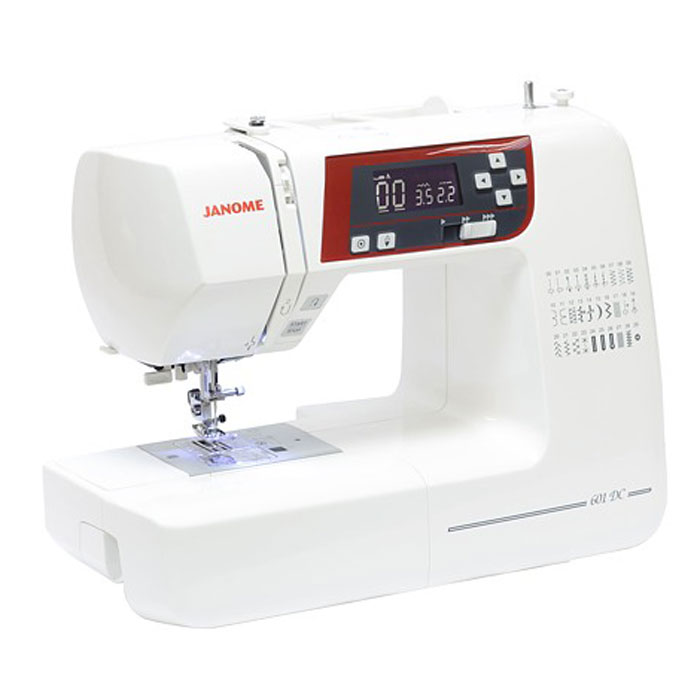 Janome 601 DC швейная машина601DC Janome 601 DC швейная машина601DCJanome 601 DC - легкая электронная швейная машина с большим набором рабочих функций. Модель имеет в своем арсенале 30 швейных операций и способна прошивать не только легкие (крепдешин, ситец, тюль), но и тяжелые (драп, букле, велюр, замша) материалы. В модели размещен горизонтальный ротационный челнок, предотвращающий вибрацию и шум. Швейная машина имеет хорошую комплектацию, достаточную мощность и все необходимые удобства - клавишу шитья без педали, плавное ограничение скорости, автоматическую закрепку строчки, клавишу позиционирования иглы и т.д. Большой выбор операций, строчек, петель и автоматические вспомогательные операции позволяют использовать Janome 601 DC как профессионалам, так и любителям. А встроенный ЖК-дисплей поможет точно регулировать настройки машины.