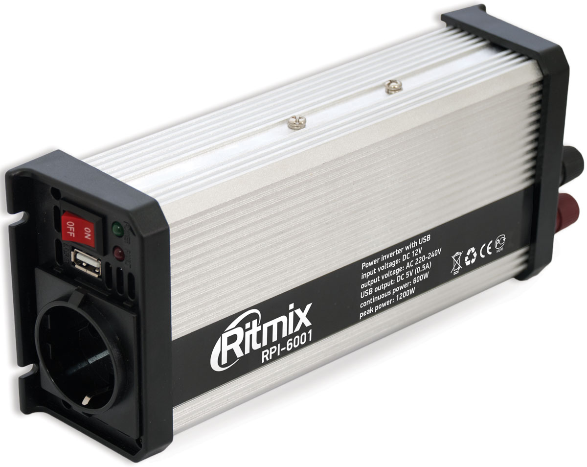 Ritmix RPI-6001 USB преобразователь напряжения15115887 Ritmix RPI-6001 USB преобразователь напряжения15115887Ritmix RPI-6001 – автомобильный инвертор напряжения, предназначенный для питания (зарядки) электронных устройств, работающих от сети 220 вольт или от USB. Любые электроприборы, которыми вы привыкли пользоваться у себя дома, теперь работают в вашем автомобиле, куда бы вы ни поехали! Устройство имеет небольшие размеры и малый вес, работает бесшумно.Важно!Потребляемая мощность прибора, подключённого к инвертору, не должна превышать 600 Вт. Если к инвертору подключается несколько приборов, потребляемая ими мощность суммарно не должна превышать 600 Вт. В противном случае возможен выход из строя приборов и всей электросети автомобиля.Выходная мощность: постоянная - 600 Вт; импульсная - 1200 ВтВыходное напряжение: евророзетка - 230 В; USB - 5 ВВыходной ток USB: 0,5 АВыходная эффективность: 90,5%Порог отключения: при низком входном напряжении: 10,2 - 10,8 В; при высоком входном напряжении: 15 - 16 В