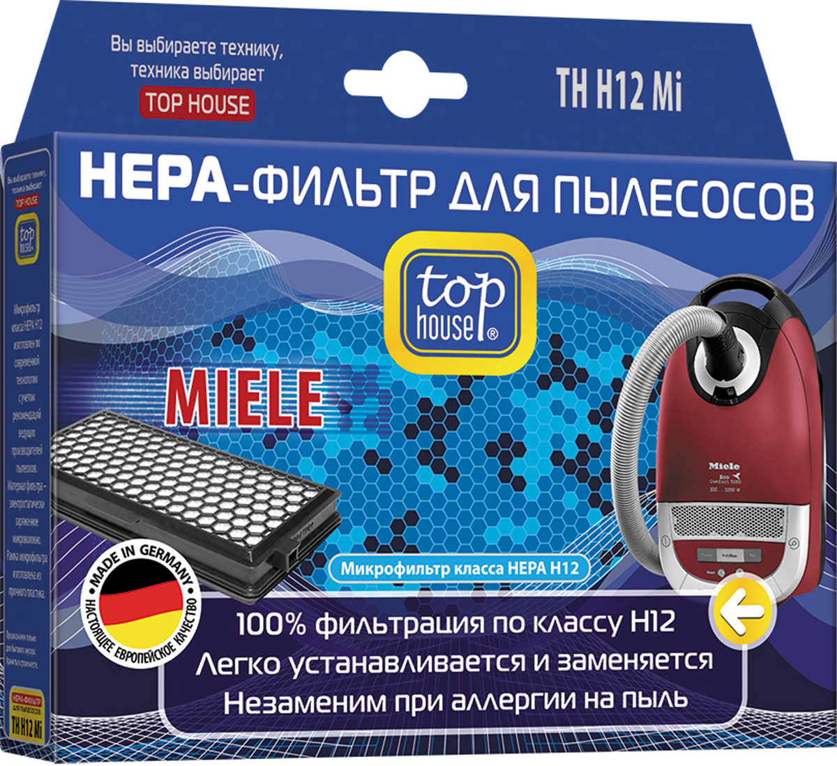 Top House 12870 TH H12 Mi HEPA-фильтр для пылесосов Miele12870 Top House 12870 TH H12 Mi HEPA-фильтр для пылесосов Miele12870НЕРА-фильтр Top House 12870 TH H12 Mi изготовлен в Германии из специального материала по современной технологии с учетом рекомендаций ведущих производителей пылесосов. Благодаря уникальной структуре НЕРА-фильтр задерживает все частицы пыли размером от 0,0003 мм, что в 233 раза меньше толщины человеческого волоса. Высокая степень фильтрации позволяет очистить воздух от бактерий, пыльцы растений, спор плесени и пылевых клешей. Особенно рекомендуется использовать НЕРА-фильтр для пылесоса людям, чувствительным к домашней пыли или страдающим аллергией, а также, если в доме есть маленькие дети. Замену НЕРА-фильтра необходимо производить не реже 1 раза в год в соответствии с инструкцией к вашему пылесосу.Для пылесосов Miele S4210 – S4812, S5210 – S5981, S6210 – S6780, S8310 – S8990, Compact C1-C2, Complete C2-C3