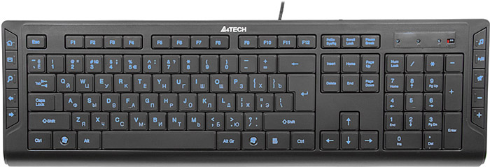 A4Tech KD-600L, Black клавиатураKD-600L A4Tech KD-600L, Black клавиатураKD-600LA4Tech KD-600L - проводная мультимедийная слим-клавиатура с классической раскладкой и 10-ю дополнительными клавишами для управления мультимедиа проигрывателем и интернет-браузером. Клавиатура оснащена приятной и полностью регулируемой синей подсветкой, что позволит работать даже в ночное время суток, при этом не перенапрягая свои глаза. 10 дополнительных клавиш для быстрого доступа к офисным и мультимедийным приложениям Высота клавиш 2 мм обеспечивает бесшумную и комфортную работу Лазерная гравировка клавиш не позволит символам стереться в течение долгого времени