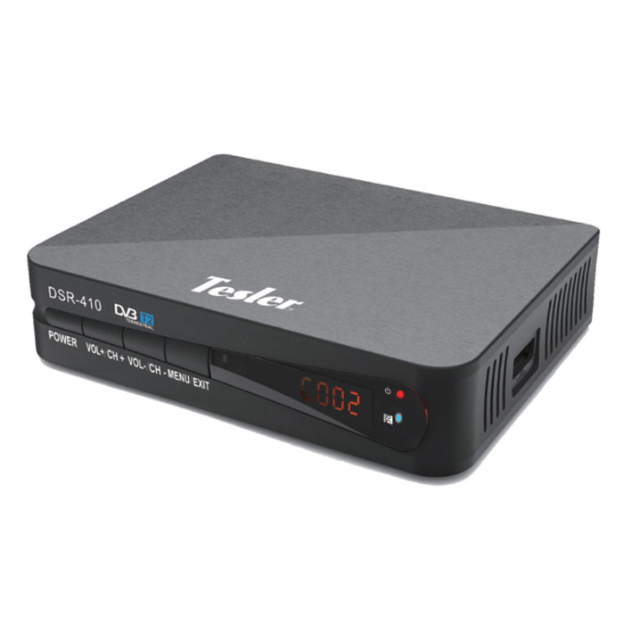 Tesler DSR-410 цифровой телевизионный ресивер DVB-T20291657 Tesler DSR-410 цифровой телевизионный ресивер DVB-T20291657Tesler DSR-410 - цифровой телевизионный ресивер с поддержкой цифровых стандартов DVB-T и DVB-T2. В данной модели реализована поддержка HD-разрешений 480p, 576p, 720p, 1080i, 1080p, а также множества аудио- и видеоформатов. Также присутствуют функции телегида, цифрового радио и PVR. Ресивер поддерживает телетекст и субтитры. Имеется возможность обновления программного обеспечения устройства.Система цвета: PAL / NTSCЧипсет: Novatek78306Тюнер: MXL603Модуляция: QPSK/16QAM/64QAMВходной поток: До 48 Мбит/сУровень сигнала: 15-70 дБм