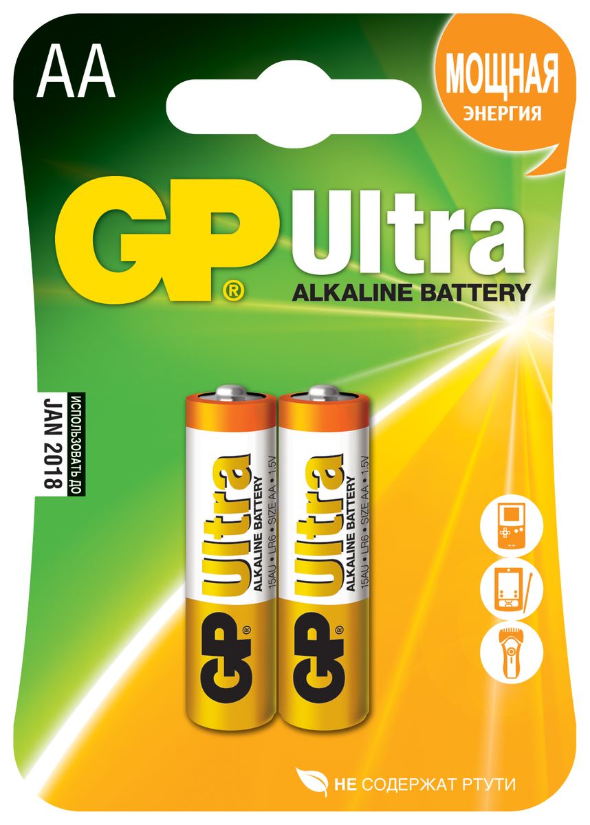 Набор алкалиновых батареек GP Batteries Ultra Alkaline, тип АА, 2 шт10633 Набор алкалиновых батареек GP Batteries Ultra Alkaline, тип АА, 2 шт10633Батарейки GP Ultra Alkaline специально разработаны для наиболее популярных электронных устройств. Эти элементы питания работают долго и показывают отличный результат во всех устройствах, питающихся от батареек. * Увеличенная продолжительность работы * Представлены во всех популярных типоразмерах * Длительный срок хранения (до 7 лет