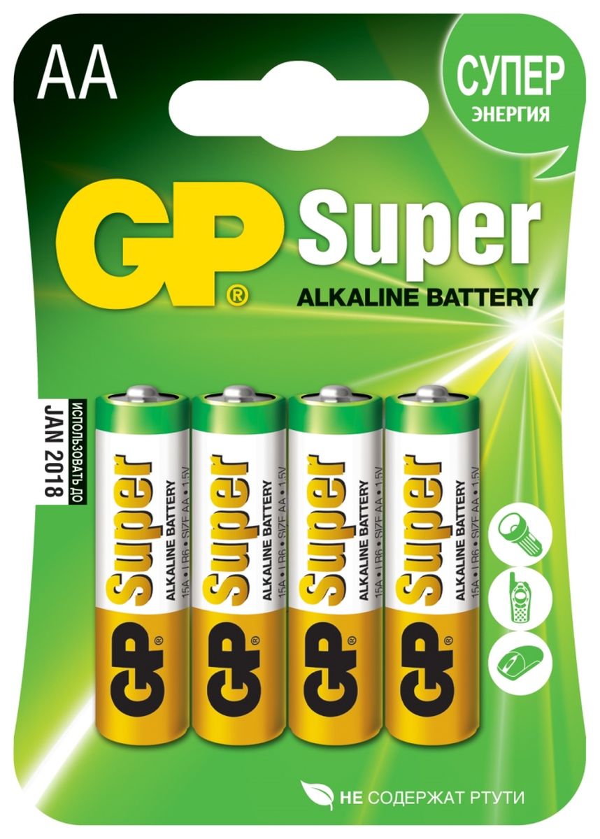Батарейка алкалиновая GP Batteries Super Alkaline, тип АА, 4 шт2706 Батарейка алкалиновая GP Batteries Super Alkaline, тип АА, 4 шт2706Батарейки GP Super Alkaline прекрасно подходят для увеличивающейся потребности в источниках питания для устройств повседневного использования. Идеальное соотношение цена/качество. Надежный продукт широкого спектра применения, подходящий для потребителей всех возрастов. * Увеличенная продолжительность работы * Огромный ассортимент типоразмеров * Длительный срок хранения (до 7 лет)