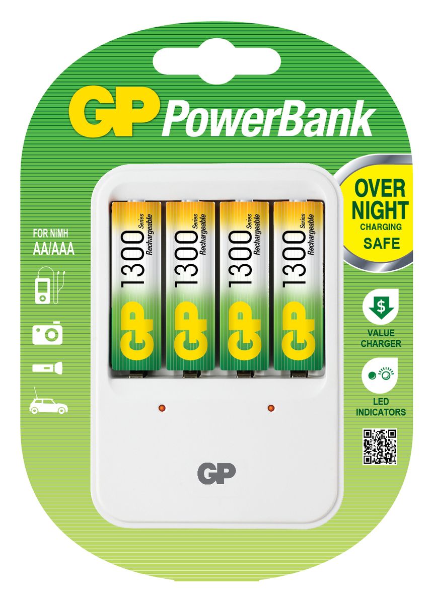 Зарядное устройство для аккумуляторов GP Batteries + 4 АА (1300 mAh)3547 Зарядное устройство для аккумуляторов GP Batteries + 4 АА (1300 mAh)3547Простое в использовании зарядное устройство GP Batteries предназначено для зарядки никель-металлогидридных аккумуляторов. Заряжает аккумуляторы АА любой мощности. Четыре независимых канала позволяют заряжать 4 аккумулятора типа AA одновременно. Светодиодные индикаторы показывают уровень зарядки батарей. В устройстве предусмотрена автоматическая защита от перегрузки и перегрева. В комплект входят: 4 аккумулятора типа AA (1300 mAh).