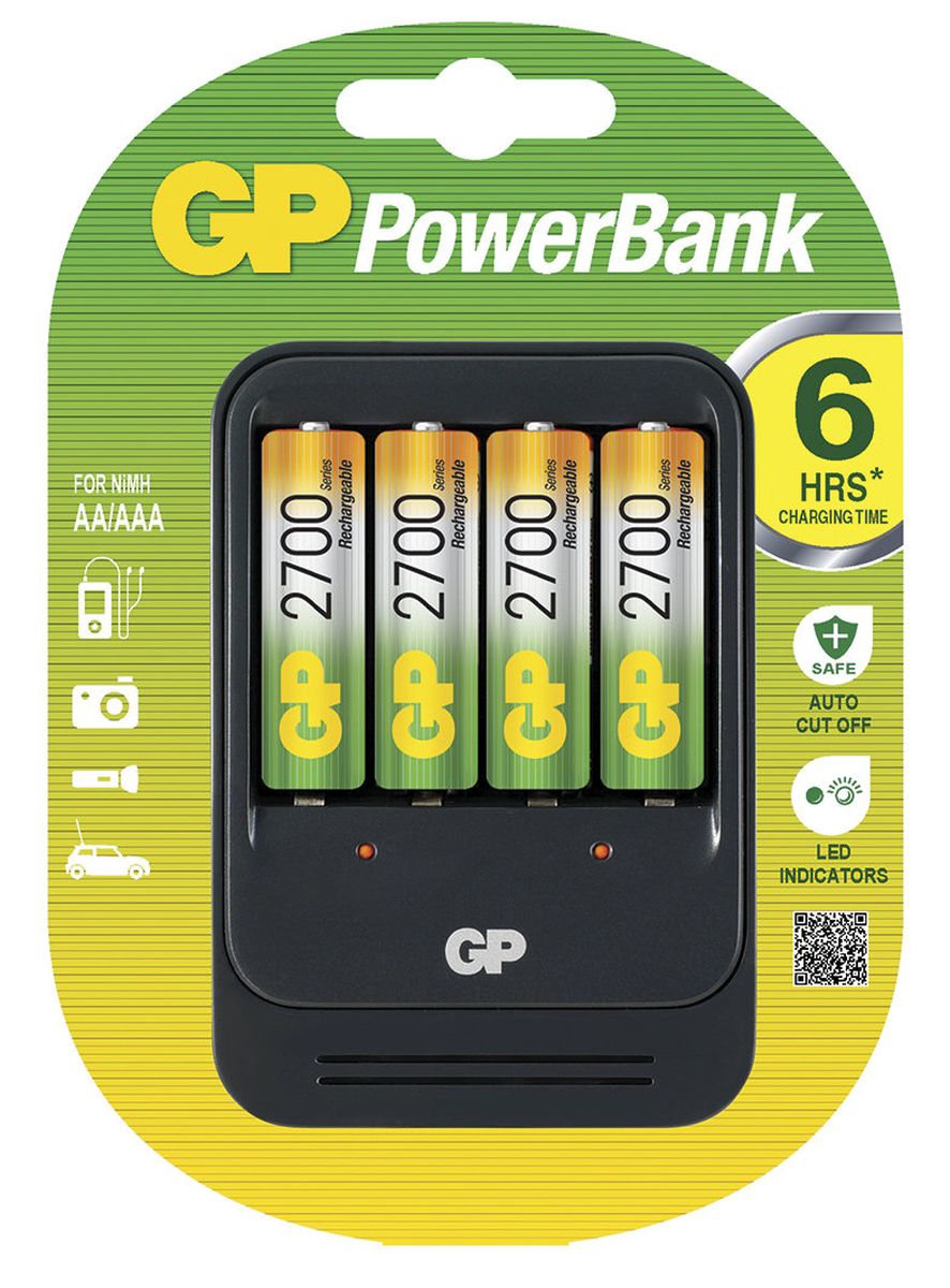 Зарядное устройство GP Batteries PB570 для заряда 4-х аккумуляторов типа АА, ААА + комплект из 4-х аккумуляторов NiMh, 2700 mAh, тип АА8204 Зарядное устройство GP Batteries PB570 для заряда 4-х аккумуляторов типа АА, ААА + комплект из 4-х аккумуляторов NiMh, 2700 mAh, тип АА8204Зарядные устройства GP PowerBank серии MID-range предоставляют частым пользователям аккумуляторов идеальные решения для заряда. Если вам нужно зарядить от 2-х до 8-ми аккумуляторов в течение от 2-х до 8-ми часов, то зарядные устройства этой серии отлично подойдут. В комплекте с некоторыми зарядными устройствами идут универсальные переходники для использования по всему миру во время путешествий. * Безопасный заряд в течение ночи * Индивидуальный индикатор статуса заряда для каждого аккумулятора * Контроль исправности аккумуляторов и защита от заряда первичных элементов питания * Удобство для путешественников: используются по всему миру * Непрерывный подзаряд: аккумуляторы всегда полностью заряжены * Достаточно 6 часов для заряда 4-х никель-металлгидридных аккумуляторов типоразмеров АА или ААА * Два канала для заряда позволяют заряжать 2 или 4 никель-металлгидридных аккумулятора типоразмеров АА или ААА