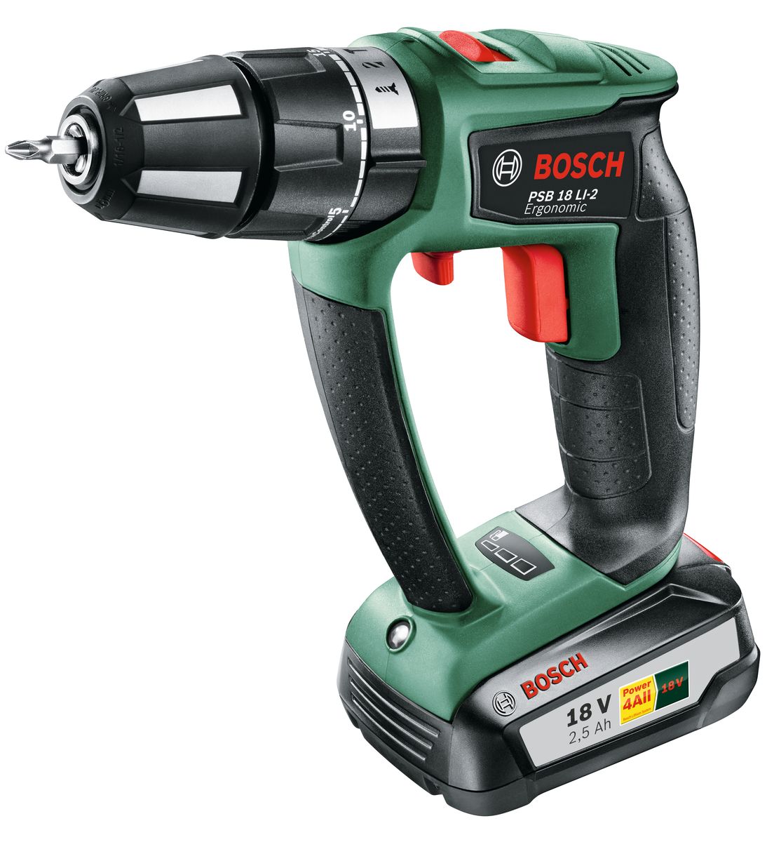 Аккумуляторная ударная дрель Bosch PSB 18 Li-2 Ergonomic, 1 аккумулятораДЭ-310ш Аккумуляторная ударная дрель Bosch PSB 18 Li-2 Ergonomic, 1 аккумулятораДЭ-310шPSB 18 LI-2 Ergonomic от Bosch представляет собой аккумуляторную ударную дрель-шуруповерт эргономичного исполнения, которое делает инструмент компактным и легким. Двойная рукоятка закрытого типа гарантирует оптимальную передачу усилия и комфорт в использовании. Это делает работу с PSB 18 LI-2 Ergonomic особенно комфортной. За эти свойства инструмент получил сертификат германской медицинской ассоциации AGR («Движение за здоровую спину»). Бесщеточный электродвигатель делает PSB 18 LI-2 Ergonomic исключительно долговечной. Даже сложные проекты с PSR 18 LI-2 Ergonomic не станут проблемой, потому что благодаря системе Bosch Syneon Chip аккумулятор этого инструмента работает намного дольше на одной зарядке. Компактный, эргономичный дизайн благодаря бесщеточному электродвигателю Превосходный контроль над инструментом благодаря инновационной системе Kickback Control, которая распознает внезапную блокировку и отключает инструмент 20 ступеней крутящего момента, ступень сверления,...