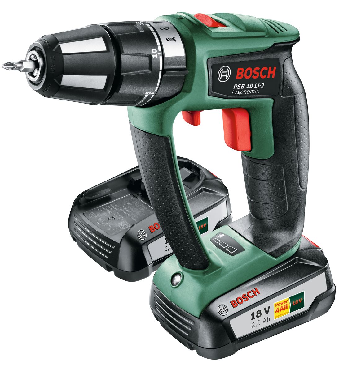 Аккумуляторная ударная дрель Bosch PSB 18 Li-2 Ergonomic, 2 аккумулятораДА-18/2+Н550 Аккумуляторная ударная дрель Bosch PSB 18 Li-2 Ergonomic, 2 аккумулятораДА-18/2+Н550PSB 18 LI-2 Ergonomic от Bosch представляет собой аккумуляторную ударную дрель-шуруповерт эргономичного исполнения, которое делает инструмент компактным и легким. Двойная рукоятка закрытого типа гарантирует оптимальную передачу усилия и комфорт в использовании. Это делает работу с PSB 18 LI-2 Ergonomic особенно комфортной. За эти свойства инструмент получил сертификат германской медицинской ассоциации AGR («Движение за здоровую спину»). Бесщеточный электродвигатель делает PSB 18 LI-2 Ergonomic исключительно долговечной. Даже сложные проекты с PSR 18 LI-2 Ergonomic не станут проблемой, потому что благодаря системе Bosch Syneon Chip аккумулятор этого инструмента работает намного дольше на одной зарядке.Компактный, эргономичный дизайн благодаря бесщеточному электродвигателюПревосходный контроль над инструментом благодаря инновационной системе Kickback Control, которая распознает внезапную блокировку и отключает инструмент20 ступеней крутящего момента, ступень сверления, 2 скорости с инновационным передвижным переключателем (вперед-назад) для сверления/заворачивания шурупов, возможно дооснащение функцией удара (отдельно)Быстрозарядное устройство: аккумулятор емкостью 2,5 А•ч готов к работе уже через 40 минут (уровень заряда 80 %) — для любых садовых инструментов и инструментов для домашней мастерской из системы Power4All 18 В от BoschОдин аккумулятор для всех — для любых садовых электроинструментов/электроинструментов для домашней мастерской из системы Power4AllКомплектация:2 аккумуляторных блока PBA 18 В 2,5 А•ч W-B (1600A005B0)Двойная битаКомпактное быстрозарядное устройство AL 1830 CV (1 600 A00 5B3)Пластмассовый кейс