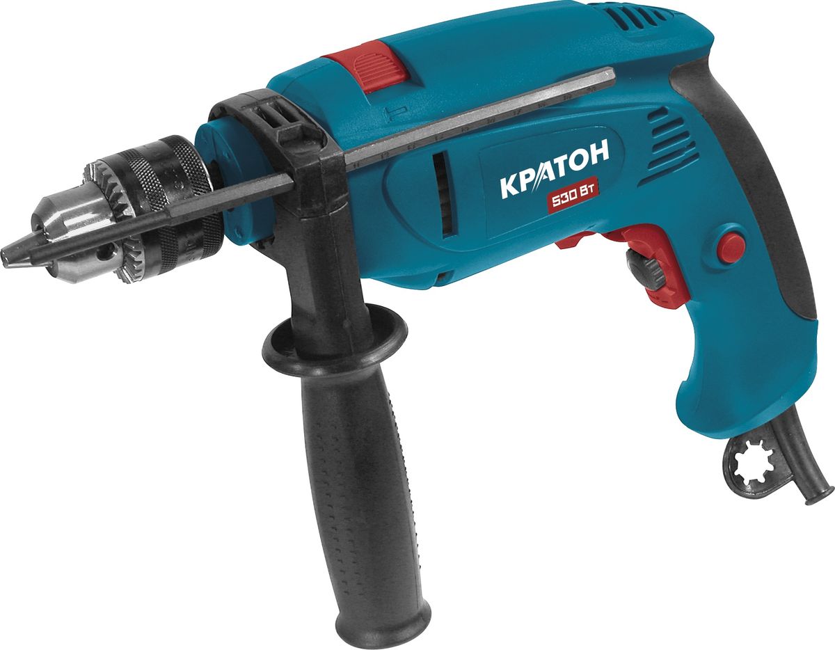 Дрель ударная Кратон PD-530K13 02 01 007 Дрель ударная Кратон PD-530K13 02 01 007Конструктивные особенности: Электронный регулятор частоты вращения; Переключатель направления вращения (реверс); Фиксатор кнопки пуска; Ударный механизм; Поворотная дополнительная рукоятка; Ограничитель глубины сверления; Технические характеристики: Номинальная мощность 530 Вт; Частота вращения шпинделя 0-2600 об/мин; Частота ударов 0-41600 уд/мин; Резьба шпинделя 1/2; Рабочий диапазон патрона 1,5-13 мм; Тип патрона ключевой; КОМПЛЕКТНОСТЬ: Набор сверел - 1 шт; Рукоятка дополнительная 1 шт; Ограничитель глубины сверления 1 шт; Ключ для патрона 1 шт.
