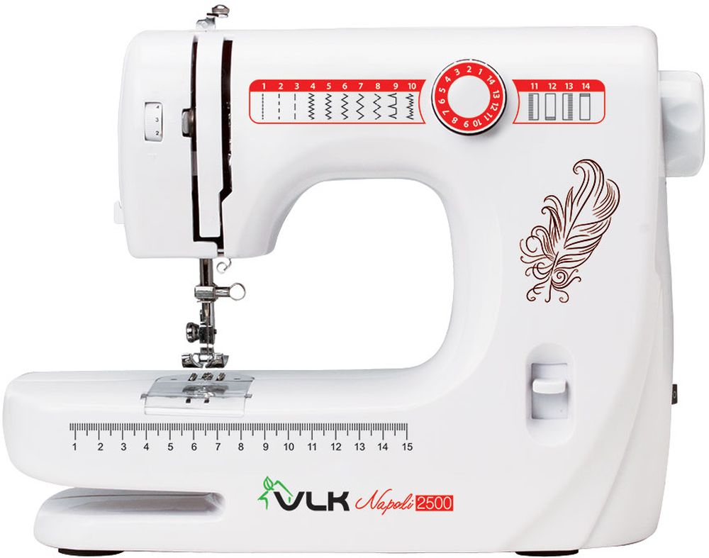 VLK Napoli 2500, White швейная машинаVLK Napoli 2500 VLK Napoli 2500, White швейная машинаVLK Napoli 2500Швейная машина VLK Napoli 2500 относится к электромеханическому типу с вертикальным челноком. Вы можете работать с тканями любой толщины и различных видов. Одним из важных достоинств модели является наличие 14 программ шитья, которые помогут справиться с рукоделием даже неопытному человеку. Машинка в полуавтоматическом режиме сделает петли на одежде, способна шить двойной иглой или в нескольких направлениях, что значительно расширяет ее возможности. Встроенная подсветка позволит работать с прибором даже в темное время суток. В комплекте вы получите распарыватель, шпульки, различные виды лапок, а также инструмент для заправки нити и держатель для катушки с нитками. Автоматическая намотка нити Обработка петель и пришивание пуговиц Регулируемое натяжение нити Нитеобрезатель