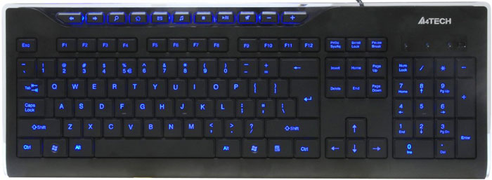 A4Tech KD-800L, Black клавиатураKD-800L A4Tech KD-800L, Black клавиатураKD-800LA4Tech KD-800L - стильная проводная клавиатура со светодиодной подсветкой символов. 10 горячих клавиш, традиционная раскладка, угол наклона регулируется. Светодиодная подсветка символов позволяет с комфортом работать при любом освещении. Ее можно включить/отключить с помощью кнопки.10 дополнительных клавиш для быстрого доступа к офисным и мультимедийным приложениямУгол наклона клавиатуры можно отрегулировать с помощью выдвижных ножекЛазерная гравировка клавиш не позволит символам стереться в течение долгого времени