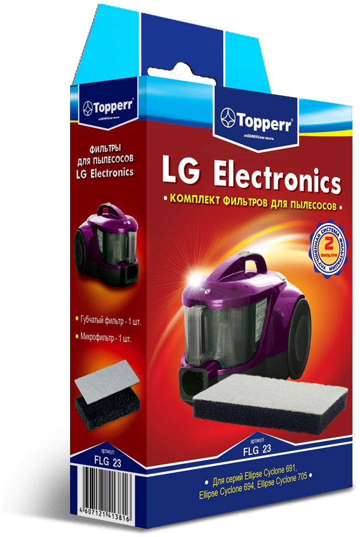 Topperr FLG 23 фильтр для пылесосов LG Electronics1142 Topperr FLG 23 фильтр для пылесосов LG Electronics1142Комплект фильтров Topperr FLG 23 предназначен для пылесосов LG Electronics.В комплекте 2 фильтра:. Губчатый фильтр - защищает двигатель пылесоса от попадания крупных частиц пыли. Микрофильтр - улавливает мельчайшие частицы.Совместимые модели:Ellipse Cyclone 691: VK 69161, VK 69162, VK69163, VK 69154, VK 69165Ellipse Cyclone 694: VK 69461, VK 69462, VK 69463, VK 69464, VK 69465Ellipse Cyclone 705: VK 70501, VK 70502, VK 70503, VK 70505, VK 70506, VK 70507Ellipse Cyclone: VC 22161, VC 23201, VC 23202