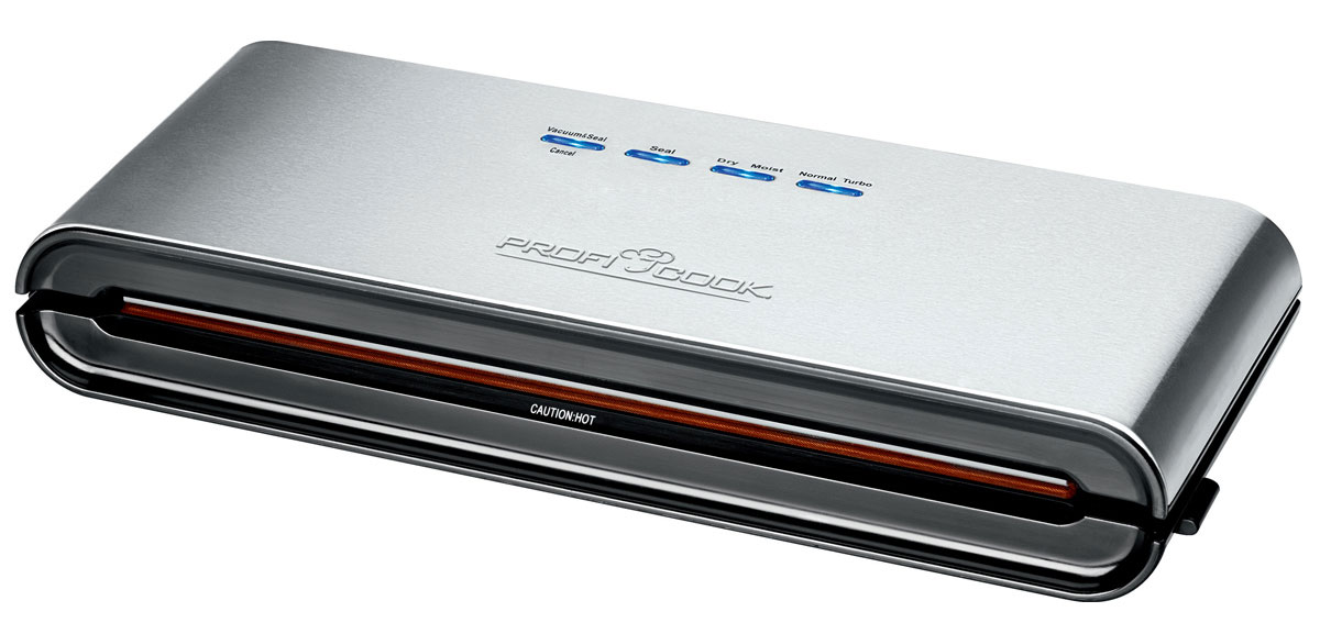 Profi Cook PC-VK 1080 вакуумный упаковщикPC-VK 1080 Profi Cook PC-VK 1080 вакуумный упаковщикPC-VK 1080Полностью автоматический, легкий в управлении вакуумный упаковщик Profi Cook PC-VK 1080 с корпусом из нержавеющей стали подойдет для порционной упаковки продуктов. Устройство образует широкий и прочный одинарный сварной шов. Продукты сохраняются в вакуумной упаковке без использования консервантов и остаются свежими в 5 раз дольше! Вакуумная упаковка при помощи Profi Cook PC-VK 1080 идеальна для хранения копченых и маринованных продуктов — они сохраняют свой аромат. Устройство подходит для приготовления продуктов методом су-вид. Основные функции прибора: вакуумирование, запаивание и запаивание без вакуума. Для данной модели подходит пленка в рулонах и пакеты шириной до 30 см. Пакеты подходят для использования в СВЧ 6 световых индикаторов Скорость откачивания воздуха: 12 л/мин Несъемная вакуумная камера Место для хранения шнура в корпусе Автоматическое и ручное управление Нескользящие ножки
