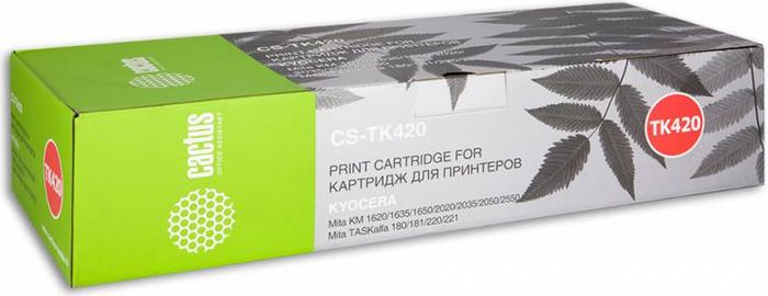 Cactus CS-TK420, Black тонер-картридж для Kyocera KM 1620/1635/1650/2020/2035/2050/2550/TASKalfa 180/181/220/221CS-TK420 Cactus CS-TK420, Black тонер-картридж для Kyocera KM 1620/1635/1650/2020/2035/2050/2550/TASKalfa 180/181/220/221CS-TK420Тонер-картридж Cactus CS-TK420 для лазерных принтеров Kyocera KM 1620/1635/1650/2020/2035/2050/2550/TASKalfa 180/181/220/221.Расходные материалы Cactus для лазерной печати максимизируют характеристики принтера. Обеспечивают повышенную чёткость чёрного текста и плавность переходов оттенков серого цвета и полутонов, позволяют отображать мельчайшие детали изображения. Гарантируют надежное качество печати.