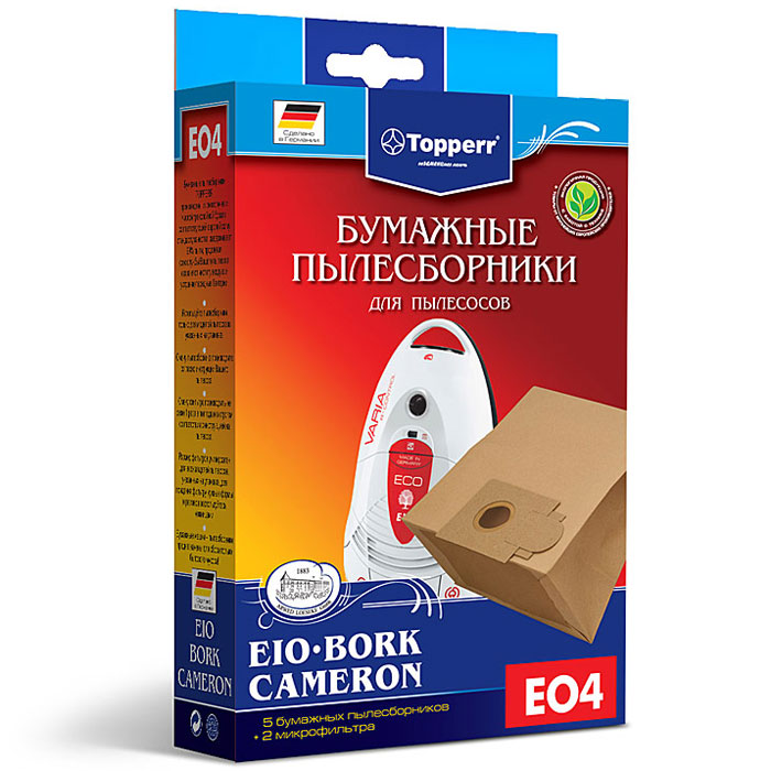 Topperr EO 4 фильтр для пылесосов Bork, Cameron и EIO, 5 шт1013 Topperr EO 4 фильтр для пылесосов Bork, Cameron и EIO, 5 шт1013Бумажные пылесборники Topperr EO 4 для пылесосов Bork, Cameron и EIO изготовлены из экологически чистой трехслойной бумаги, соответствующей европейскому стандарту качества, задерживают 99% пыли, продлевая срок службы пылесоса, сохраняют чистоту воздуха и устраняют вредные бактерии. Модели и серии пылесосов: Bork: V5012, V5011, V502, V501, V500,VC-3318, VC-3320, VC-3322, VC-3342, VC-3345, VC-9119 Cameron: СVС-1050 EIO: (Morphy Richards) BS83, 84; Villa: 2200 premium, beech, steel, wave; Vivo: 1600, 2000, 2000 airbox, 2200 airbox; Compact: 1200, 1300, 1400, BS 48/1, eco2, home eco2; Domatic: 1200, 1300, 1400, BS48/1, BS49/1, harlekin, pianissimo, valente; Varia: 2000, 1600 ECO, 2200 DUO, eco 2 pro nature, eco 2 energie, pianissimo, proedition 1500 r-control, supreme, valente; Exclusiv: 1200, 1300, 1400,1500,1600, BS86/1, BS87/1, BS88/1; Futura: 1200, 1300,1400,1800, BS80/1, BS81/1, BS82/1; Handy: 1200, 1300,1400, deluxe, supreme, valente; Topo: 1700,...