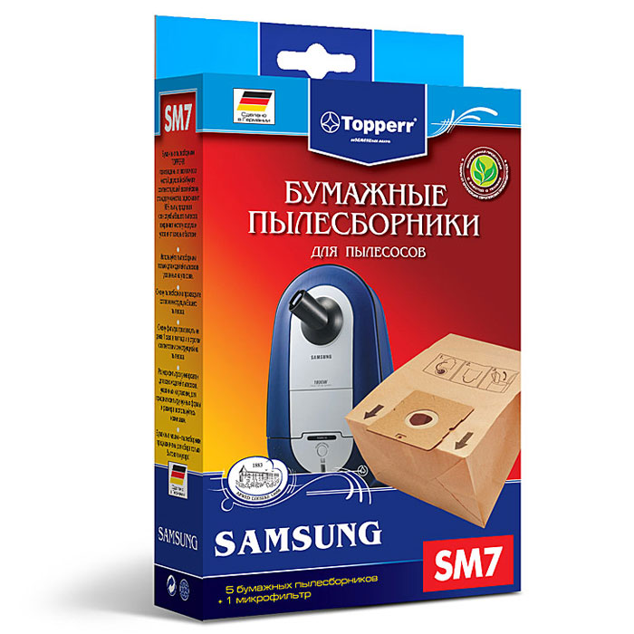 Topperr SM 7 фильтр для пылесосов Samsung, 5 шт1031 Topperr SM 7 фильтр для пылесосов Samsung, 5 шт1031Бумажные пылесборники Topperr SM 7 для пылесосов Samsung изготовлены из экологически чистой двухслойной бумаги, соответствующей европейскому стандарту качества, задерживают 99% пыли, продлевая срок службы пылесоса, сохраняют чистоту воздуха и устраняют вредные бактерии. Модели и серии пылесосов: Samsung: SC12.., SC 14.., SC 40.., SC 41.., SC 56.., SC 61.., SC 62.., SC 63.., SC 78.., SC 79.., SC 83.., VC 10.., VC 50.., VC 54.., VC 55.., VC 60.., VC 74.., VC 75.., VC 76.., VC 77.., VC 88.., VC 89.., VC 90.., VC 99