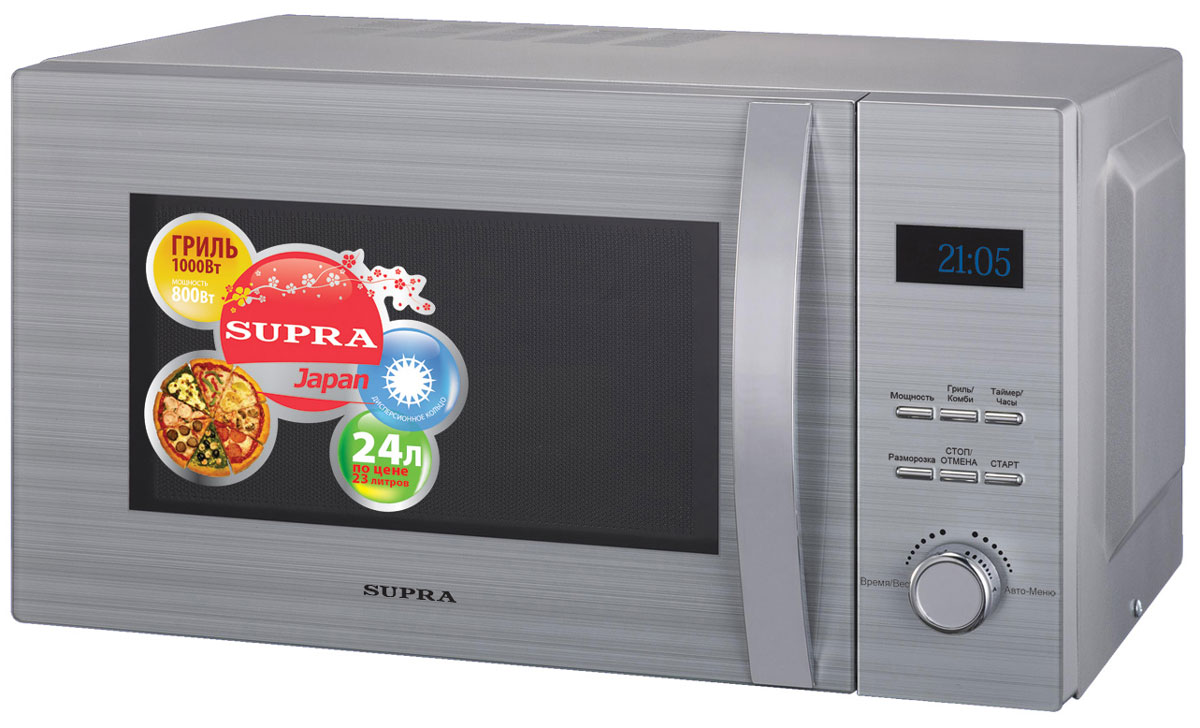 Supra MW-G2424TS СВЧ-печьMW-G2424TS Supra MW-G2424TS СВЧ-печьMW-G2424TSМикроволновая печь Supra MW-G2424TS предназначена для быстрого приготовления или быстрого подогрева пищи, а также для размораживания продуктов. Supra MW-G2424TS с пятью режимами мощности проста в использовании, оснащена восемью автоматическими программами, режимом разогрева блюд одним касанием, режимом разморозки и звуковым сигналом об окончании приготовления. Управление электронное. Компактная микроволновая печь со стильным дизайном отличается высоким качеством сборки, прочностью и надежностью, станет неизменным атрибутом на вашей кухни.