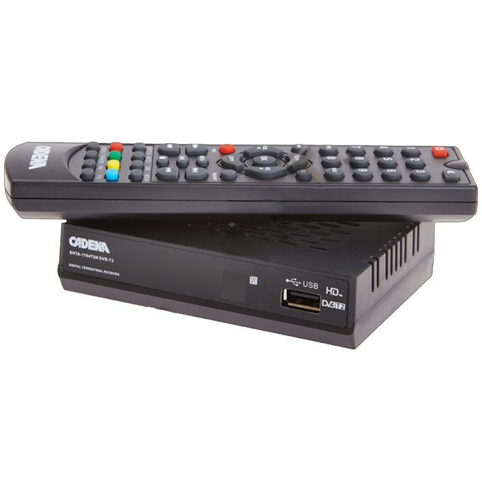 Cadena 1104T2N DVB-T2 ТВ-тюнерCADENA 1104T2N Cadena 1104T2N DVB-T2 ТВ-тюнерCADENA 1104T2NПриемник Cadena 1104T2N DVB-T2 предназначен для просмотра бесплатного цифрового эфирного телевидения высокого качества. Высокочувствительный тюнер обеспечивает стабильное качество принимаемого сигнала. При подключении внешнего USB устройства можно записывать транслируемые телевизионные каналы, а так же воспроизводить мультимедийные файлы и изображения на телевизор. Приемник имеет HDMI выход, при помощи которого можно выводить на телевизор изображение в формате высокой четкости HD 1080p, также выполнить подключение к телевизору можно и при помощи аналогового RCA выхода. Поддержка субтитров, телетекста, электронной программы передач (EPG).Формат видео: DivX, MKV, MOV, MP4Формат аудио: MP3Поддержка графических форматов: JPG