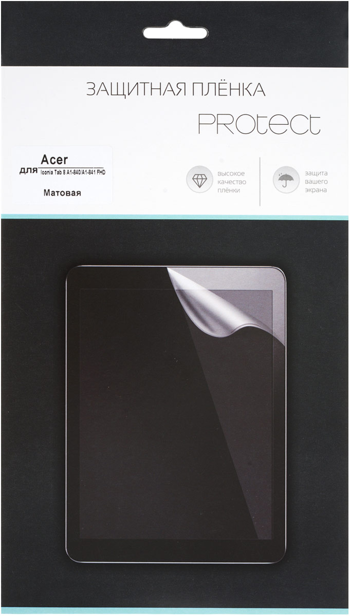 Protect защитная пленка для Acer Iconia Tab 8 A1-840/A1-841 FHD, матовая22608 Protect защитная пленка для Acer Iconia Tab 8 A1-840/A1-841 FHD, матовая22608Защитная пленка Protect предохранит дисплей Acer Iconia Tab 8 A1-840/A1-841 FHD от пыли, царапин, потертостей и сколов. Пленка обладает повышенной стойкостью к механическим воздействиям, оставаясь при этом полностью прозрачной. Она практически незаметна на экране гаджета и сохраняет все характеристики цветопередачи и чувствительности сенсора.