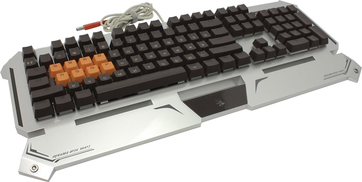 Игровая клавиатура A4Tech Bloody B740A, Silver Black300809 Игровая клавиатура A4Tech Bloody B740A, Silver Black300809Игровая клавиатура A4Tech Bloody B740A с оптическими переключателями идеально подойдет для современных геймеров. Инновационная технология Light Strike использует оптические переключатели, обеспечивающие непревзойденное время отклика до 0.2 мс! При этом отсутствует громкий металлический звук при нажатии. Данная модель имеет ресурс 100 млн. нажатий, а также эффективную защиту от пыли и влаги. Оптические переключатели защищены 6 мм барьером, чтобы предотвратить попадание жидкости. Усиленный пробел Двойные винты + двойные пружины + компенсирующая планка предназначены для большей прочности. Благодаря технологии Dual-color injection клавиши никогда не сотрутся. Нескользящие резиновые ножки предотвращают вибрацию и скольжение клавиатуры во время игры. Игровой режим Gaming Mode Нажатие Fn + F8 деактивирует кнопки Windows для предотвращения случайного вылета из игровой сессии. Парящие клавиши с эргономичным...
