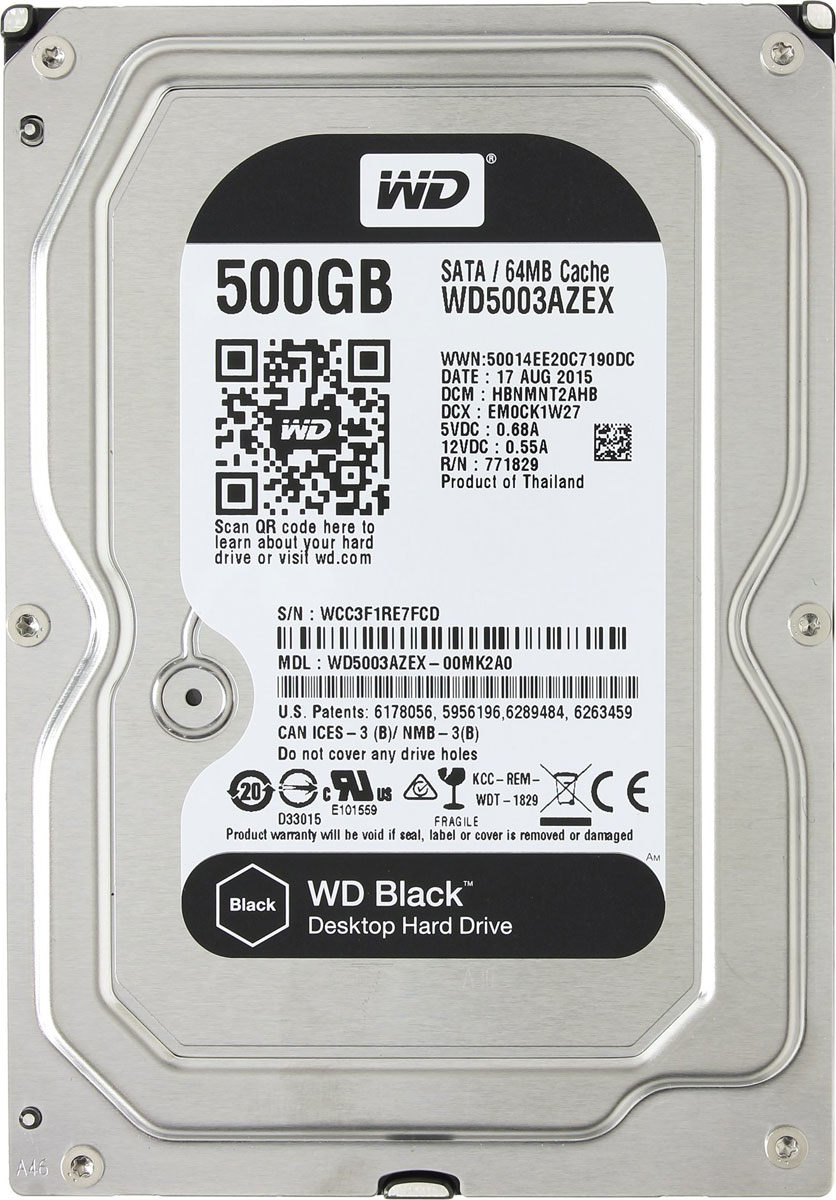 WD Black 500 GB внутренний жесткий диск (WD5003AZEX)WD5003AZEX WD Black 500 GB внутренний жесткий диск (WD5003AZEX)WD5003AZEXНакопители WD Black предназначены для настольных ПК и рассчитаны на опытных пользователей, которым нужно высокое быстродействие. Накопители WD Black станут незаменимыми помощниками для каждого творческого человека — фотографа, режиссера видеомонтажа, художника компьютерной графики или пользователя, желающего создать собственную систему. Благодаря беспрецедентному быстродействию они прекрасно подходят для хранения больших мультимедийных файлов (фотоснимков, видео или приложений). Эти жесткие диски специально для ресурсоемких задач и превосходно подходят для игр. Они такие емкие, что на них с легкостью поместится вся игровая библиотека и даже останется место для ее пополнения. Этот накопитель обеспечит вашему игровому ПК достаточно емкости для загрузки дополнительного игрового контента и максимальное быстродействие за счет твердотельного компонента, так что у вас еще не скоро возникнет потребность в его модернизации. На каждый диск WD...