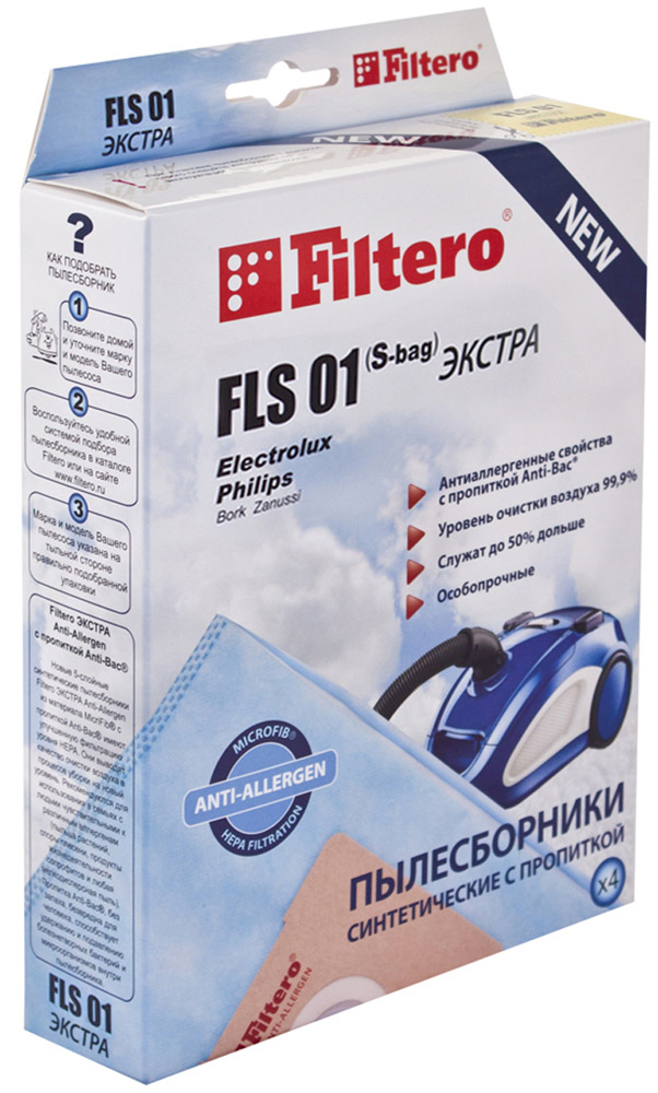 Filtero FLS 01 (S-bag) Экстра пылесборник (4 шт)FLS 01 (S-bag) (4) Экстра Filtero FLS 01 (S-bag) Экстра пылесборник (4 шт)FLS 01 (S-bag) (4) ЭкстраМешки-пылесборники Filtero FLS 01 (S-bag) Экстра Anti-Allergen произведены из синтетического микроволокна MicroFib с антибактериальной пропиткой Anti-Bac. Очень прочные, они не боятся острых предметов и влаги, собирают больше пыли (до 50%) и обеспечивают уровень очистки воздуха 99,9%, а также задерживают бактерии и препятствуют их распространению. При этом мощность всасывания пылесоса сохраняется в течение всего периода службы пылесборника. Антибактериальная пропитка Anti-Bac защищает от аллергенов и угнетает размножение бактерий в мешке. Рекомендуются для семей с детьми, людей, страдающих аллергией и заболеваниями дыхательных путей. Electrolux: EEQ 20 X Equipt, EEQ 30 X Equipt ES All Floor, ES Animal, ES Classic, ES Origin, ES Parketto JM Animal JetMaxx, JM Origin UO All Floor, UO Deluxe, UO Origin DB, UO Power US All Floor, US Deluxe, US Energy, US Origin DB XXL 95 Ergospace, XXL 110, XXL 125, XXL 130, XXL 150, XXL 170 ...
