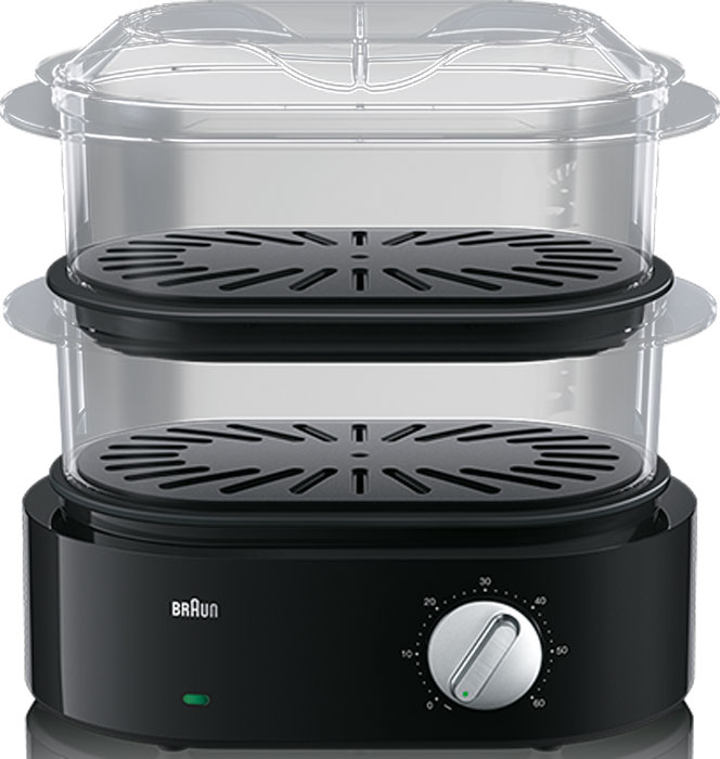 Braun FS5100, Black пароварка0X23611002 Braun FS5100, Black пароварка0X23611002Высокое качество материалов пароварки Braun FS5100 позволяет готовить полноценную и здоровую пищу. Идеально подходит для приготовления детского питания Быстрое, легкое и здоровое питание с мощной системой генерации пара - всего за 45 секунд. Забудьте про длительное ожидание нагрева. Простой таймер для максимального удобства приготовления. Это так просто, как 1-2-3: просто просто налейте воды, добавьте ингредиенты и установите таймер! Пароварка выключится автоматически, когда таймер достигает нуля и можно не волноваться о приготовлении. Универсальные округлые формы корзин позволяют вмещать самые разнообразные ингредиенты, от куриных окорочков и рыбы, до картофеля и спаржи. Специальные противокапельные поддоны предотвращают смешивание вкусов между корзинами. Новые гнездообразные корзины обеспечивают компактность и экономию места при хранении.