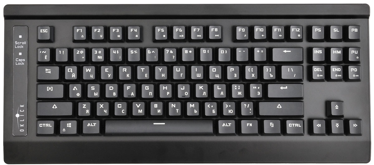 Oklick 910G, Black клавиатура игровая337181 Oklick 910G, Black клавиатура игровая337181Проводная 87-кнопочная клавиатура Oklick 910G Iron Edge обладает механически размыкаемыми контактами и чувствительными к нажатию клавишами, что позволяет устройству отвечать на команду раньше, чем клавиша дойдет до ограничителя хода, тем самым обеспечивая удобную и быструю подачу команд и набор текста. Кнопки как будто парят над клавиатурой, что не только визуально выглядит невероятно эффектно, но и облегчает уход за устройством. Наличие мультимедийных клавиш позволяет настроить клавиатуру под себя, а возможность блокировки кнопки Windows предотвращает ее случайное срабатывание в процессе игры.Корпус клавиатуры классической формы, верхняя поверхность выполнена из цельнометаллической пластины матового черного цвета, а нижняя честь - из высокопрочного пластика.На нижней стороне клавиатуры имеются 4 прорезиненные ножки, препятствующие скольжению, две из которых являются откидными и служат для регулировки уровня наклона.Из-за использования металлической пластины в конструкции клавиатура имеет внушительный вес - 1168 г (без учета кабеля), что, безусловно, оценят любители гейминга: клавиатура не сдвинется с места даже при самом эмоциональном стиле игры. Кабель с ферритовым фильтром, как у любой игровой клавиатуры, имеет прочную, устойчивую к истиранию, оплетку.Длина кабеля составляет 1,8 м, что так же соответствует всем стандартам для комфортного гейминга.