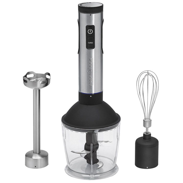 Profi Cook PC-SMS 1095, Silver блендерPC-SMS 1095 Profi Cook PC-SMS 1095, Silver блендерPC-SMS 1095Блендер Profi Cook PC-SMS 1095 - устройство 3 в 1, эффективно заменяющее сразу три кухонных прибора – блендер, миксер и измельчитель. Его максимальная мощность в 600 Вт позволяет быстро и качественно справляться как со взбиванием, так и с измельчением. Скорость имеет плавную регулировку, регулировочное кольцо подсвечено синим индикатором. Поддерживает блендер и турборежим, предназначенный для максимально быстрого достижения результатов и при использовании особенно твердых ингредиентов. Прибор комплектуется насадкой-блендером, венчиком для взбивания и чашей измельчителя емкостью 0,7 л. Насадки, как и корпус блендера, выполнены из нержавеющей стали – прочного и гигиеничного материала. Используя эти насадки, можно взбить яичные белки и сливки, приготовить разнообразные соусы и домашний майонез, измельчить овощи и твердые сыры, обработать продукты для детского питания. Для удобства хранения Profi Cook PC-SMS 1095 оснащен петлей для подвешивания.