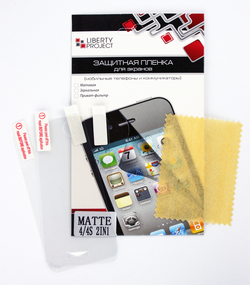 Liberty Project защитная пленка для Apple iPhone 4/4S, двойная матоваяCD121457 Liberty Project защитная пленка для Apple iPhone 4/4S, двойная матоваяCD121457Комплект защитных пленок Liberty Project предназначены для защиты поверхности экрана и задней части Apple iPhone 4/4S от царапин, потертостей, отпечатков пальцев и прочих следов механического воздействия. Структура пленок позволяет им плотно удерживаться без помощи клеевых составов и выравнивать поверхность при небольших механических воздействиях. Пленки практически незаметны на смартфоне и сохраняют все характеристики цветопередачи и чувствительности сенсора. На защитной пленке есть все технологические отверстия.