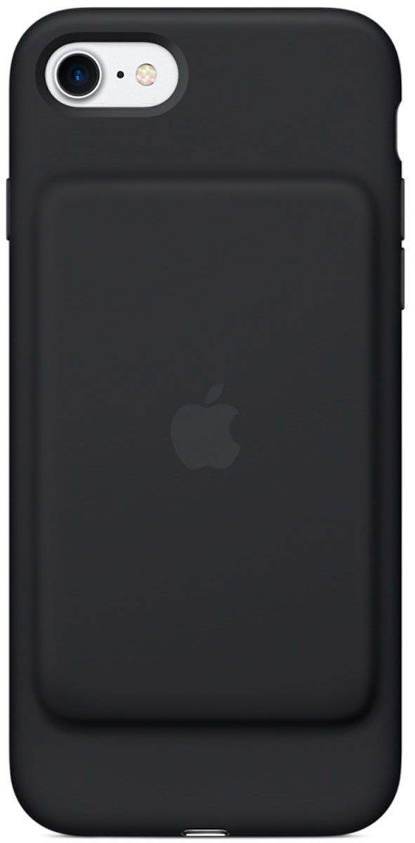 Apple Smart Battery Case чехол для iPhone 7, BlackMN002ZM/A Apple Smart Battery Case чехол для iPhone 7, BlackMN002ZM/AЧехол Smart Battery Case разработан специально для увеличения заряда аккумулятора и защиты iPhone 7. Мягкая подкладка из микроволокна защищает корпус iPhone, а его внешняя силиконовая поверхность очень приятна на ощупь. Чехол сделан из мягкого эластомерного материала, поэтому его легко надевать и снимать. Одновременно заряжая iPhone и чехол с аккумулятором, вы получите возможность говорить по телефону до 26 часов, работать в интернете через LTE до 22 часов и ещё дольше слушать музыку и смотреть видео. Когда iPhone находится в чехле Smart Battery Case, на экране блокировки и в Центре уведомлений отображается индикатор аккумулятора с точными данными об остатке заряда. Чехол поддерживает аксессуары с разъёмом Lightning, например кабель Lightning/USB (входит в комплект поставки iPhone). Его также можно использовать с док-станцией для iPhone с разъёмом Lightning (продаётся отдельно).