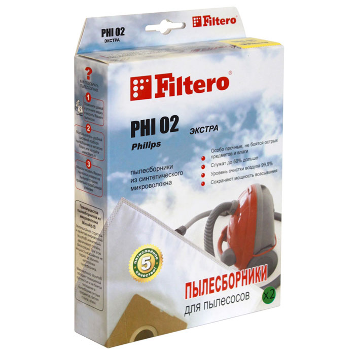 Filtero Phi 02 экстра мешок-пылесборник для Philips, 2 штЭкстра FILTERO PHI 02 (2) Filtero Phi 02 экстра мешок-пылесборник для Philips, 2 штЭкстра FILTERO PHI 02 (2)Мешки-пылесборники Filtero Phi 02 произведены из синтетического микроволокна MicroFib. Они очень прочные, не боятся острых предметов и влаги, собирают больше (до 50%) пыли, чем бумажные. Мешки обеспечивают уровень очистки воздуха НЕРА и сохраняют мощность всасывания в течение всего периода службы. Антибактериальная пропитка Anti-Bac защищает от аллергенов и угнетает размножение бактерий в мешке. Filtero Phi 02 рекомендуются для семей с детьми, людей, страдающих аллергией и заболеваниями дыхательных путей. Подходит для пылесосов: Philips FC 6841 Triathlon, FC 6842 Triathlon, FC 6843 Triathlon, FC 6844 Triathlon, HR 6814 - HR 6845 Triathlon, Duathlon, Marathon, Triathlon 1300, Triathlon 1400, Triathlon 2000