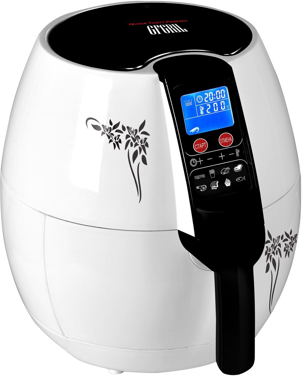GFgril GFA-3500 Air Fryer, White аэрогрильGFA-3500 Air Fryer GFgril GFA-3500 Air Fryer, White аэрогрильGFA-3500 Air FryerАэрогриль GFgril GFA-3500 Air Fryer имеет уникальную технологию циркуляции горячего воздуха Rapid Air Circulate System, которая позволяет жарить и запекать вкуснейшие блюда быстро и с минимумом добавления масла по сравнению с фритюрницами. Применяется для жарки, запекания, выпечки с эффектом гриля. Продукты равномерно обжариваются со всех сторон и получаются с хрустящей корочкой снаружи и нежные внутри. 8 автоматических программ для приготовления картофеля-фри, куриных ножек, мясных стейков, морепродуктов, мяса, рыбы и выпечки пирожков с оптимальным использования температуры и времени приготовления. Встроенный воздушный фильтр сохраняет воздух в помещении свежим и чистым. Внутреннюю емкость с антипригарным покрытием, можно мыть в посудомоечной машине.