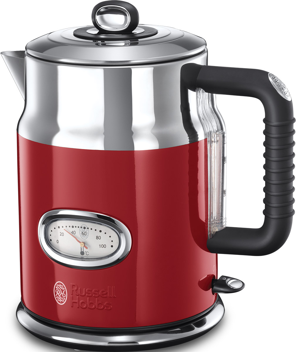 Russell Hobbs Retro, Ribbon Red электрочайник21670-70 Russell Hobbs Retro, Ribbon Red электрочайник21670-70Новинка сезона Осень-Зима 2016 года, чайник Russell Hobbs Retro входит в коллекцию приборов для Завтраков Retro, которая включает в себя еще Тостер и Кофеварку. Элегантный ретро дизайн чайника Russell Hobbs Retro прекрасно сочетает в себе современные технологии и привлекательный внешний вид. Корпус выполнен из хромированной нержавеющей стали с частичным покрытием черного цвета. Бархатистая прорезиненная ручка украшена стильным вензелем Russell Hobbs. Объем 1.7 литра, достоточный для приготовление напитков на 6 человек, при этом чайник оснащен Зонами Быстрого Кипячения на 1, 2 или 3 чашки, что позволяет значительно сэкономить время на приготовление чая или кофе утром, а также сократить расход электроэнергии. Благодаря технологии быстрого кипячения вода на 1 чашку напитка вскипятится за всего 55 секунд! Уникальность этой модели чайника придает стильный винтажный термометр, который отображает текущую температуру воды. Вы сможете сами контролировать...