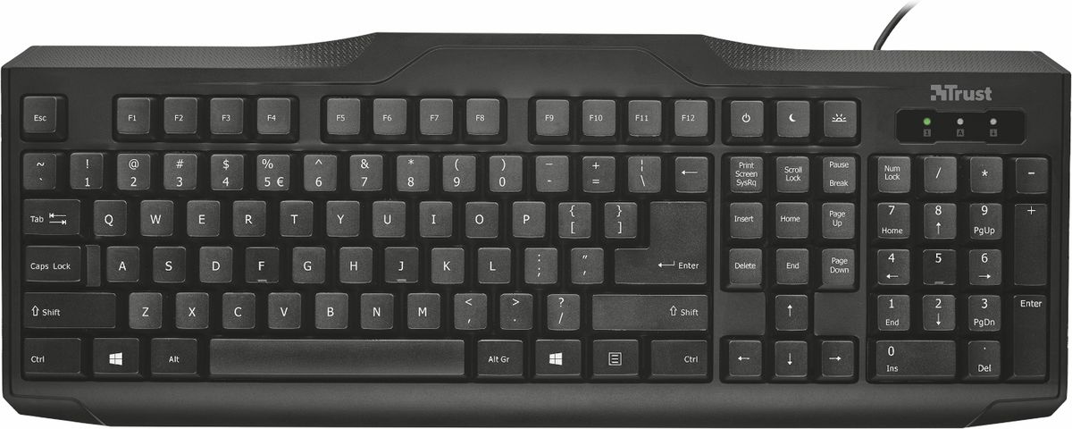 Trust Classicline, Black клавиатура20626 Trust Classicline, Black клавиатура20626Полноразмерная клавиатура Trust Classicline с классическим расположением клавиш для удобного набора текста и надежным мембранным механизмом. Удобный и бесшумный набор текста. Влагоотталкивающая конструкция продлевает срок службы клавиатуры. Угол наклона регулируется с помощью ножек. Для работы не нужны драйверы, просто подключите клавиатуру к компьютеру.