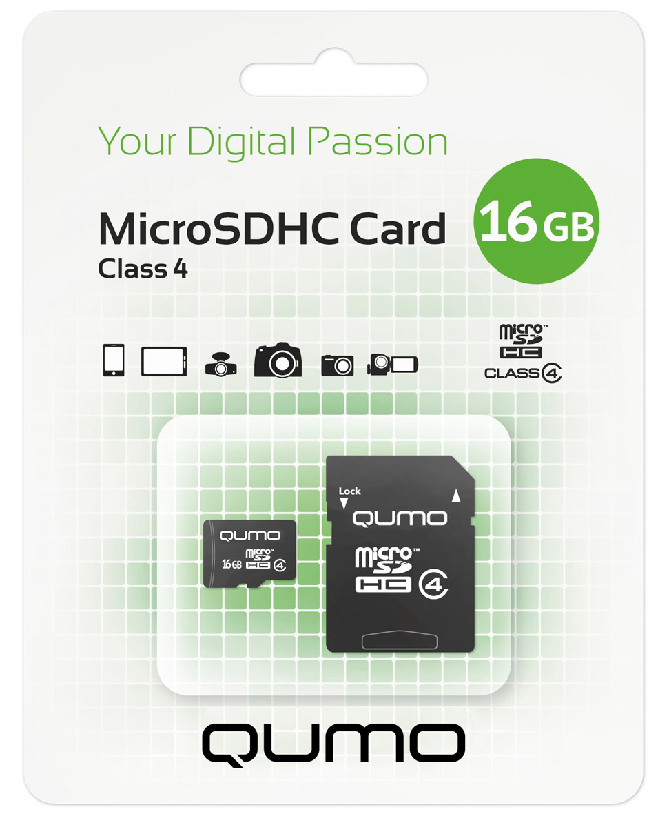 QUMO microSDHC Class 4 16GB карта памяти + адаптер6909723175269 QUMO microSDHC Class 4 16GB карта памяти + адаптер6909723175269Карта памяти QUMO microSDHC Class 4 позволяет осуществлять расширение памяти цифровых плееров, цифровых фотоаппаратов и видеокамер, коммуникаторов, смартфонов, интернет планшетов и других совместимых устройств. Карты памяти Qumo являются качественным решением для хранения и переноса различного рода информации, такой как, музыкальный файлы, фотографии, электронные документы и другие важные для вас файлы. Внимание: перед оформлением заказа, убедитесь в поддержке вашим электронным устройством карт памяти данного объема.