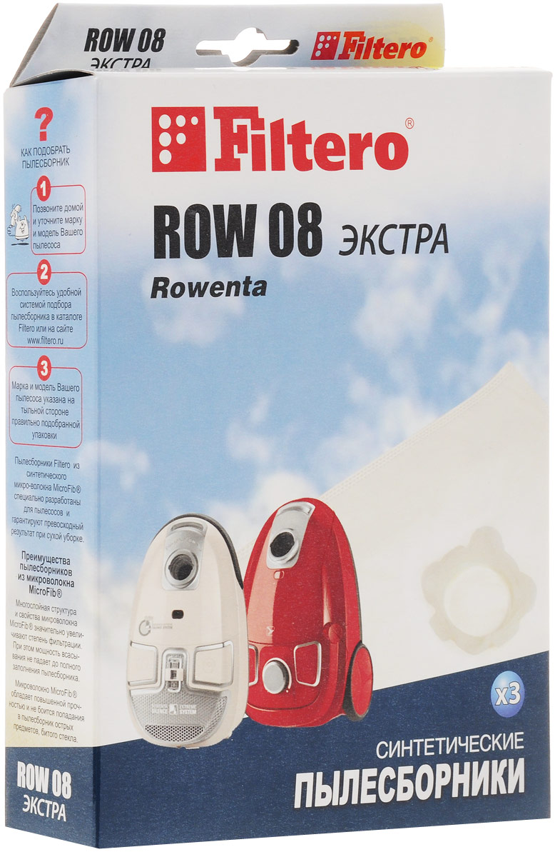 Filtero ROW 08 Экстра мешок-пылесборник 3 штROW 08 Экстра Filtero ROW 08 Экстра мешок-пылесборник 3 штROW 08 ЭкстраМешки - пылесборники Filtero ROW 08 Экстра произведены из пятислойного синтетического микроволокна MicroFib. Они очень прочные, не боятся острых предметов и влаги, собирают до 50% больше пыли, чем бумажные. Обеспечивают уровень очистки воздуха НЕРА и сохраняют мощность всасывания в течение всего периода службы пылесборника.Антибактериальная пропитка Anti-Bac защищает от аллергенов и угнетает размножение бактерий в мешке. Рекомендуются для семей с детьми, людей, страдающих аллергией и заболеваниями дыхательных путей.