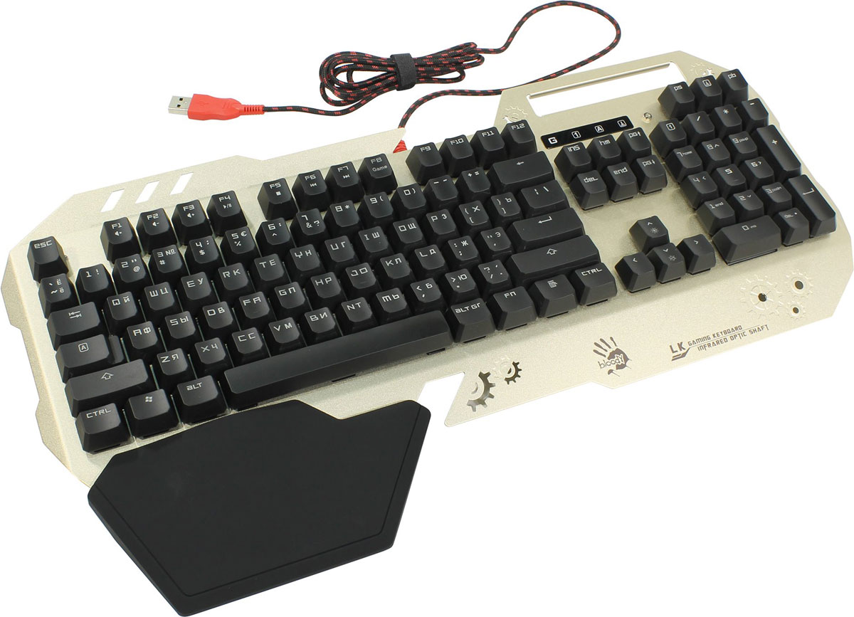 A4Tech Bloody B860, Gold Black игровая клавиатура381461 A4Tech Bloody B860, Gold Black игровая клавиатура381461Игровая клавиатура A4Tech Bloody B860 обладает уникальной долговечностью, ультрапрочностью и отсутствием износа, поскольку ресурс нажатий составляет 100 млн. Также модель имеет очень короткий ход срабатывания - 3 мм, у большинства механических клавиатур этот показатель на 25% больше. Кнопки клавиатуры имеют LED-подсветку с возможность регулирования яркости, что обеспечивает идеальную видимость в темноте. Встроенные световые эффекты можно изменять с помощью сочетания клавиш Fn+F12. При использовании механических клавиатур Bloody пользователи смогут по достоинству оценить отсутствие шумов в сигнале и случайных двойных срабатываний. Игровой режим с технологией Anti-Ghosting позволяет одновременно нажимать любое количество клавиш без опасений залипания. При нажатии Fn+F8 в режиме игры деактивируются кнопка Windows для предотвращения случайного вылета из игровой сессии. Игровые клавиатуры данной серии прочны благодаря...