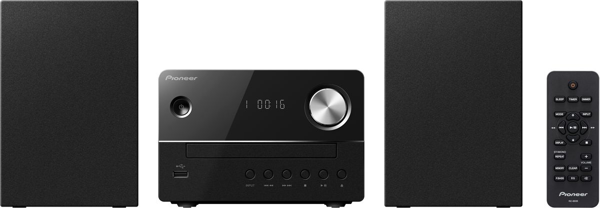 Pioneer X-EM16, Black музыкальный центр1500177 Pioneer X-EM16, Black музыкальный центр1500177Микросистема Pioneer X-EM16 суперкомпактна, а благодаря весу каждого компонента около одного килограмма она не окажется слишком тяжелой даже для не самых прочных полок – таким образом для CD-ресивера и обеих стереоколонок найдется подходящее место действительно в любой комнате. Простой и элегантный дизайн будет безупречно гармонировать с любым окружением. Помимо CD и FM-радио, модель X-EM 16 может также воспроизводить MP3-файлы с USB-флешек, а благодаря линейному входу систему даже можно расширить, подключив дополнительный аудиоплеер, например, портативный медиаплеер или сетевой плеер. Pioneer X-EM16 приятно удивляет звучанием, которое гораздо объемнее по сравнению с тем, как выглядит система, и гибко подстраивается под привычки слушателей с помощью эквалайзера с пятью предустановленными режимами и переключаемого режима P.Bass. Для спальни или гостиной рекомендуется дополнительное использование встроенных в систему функций спящего режима и таймера.