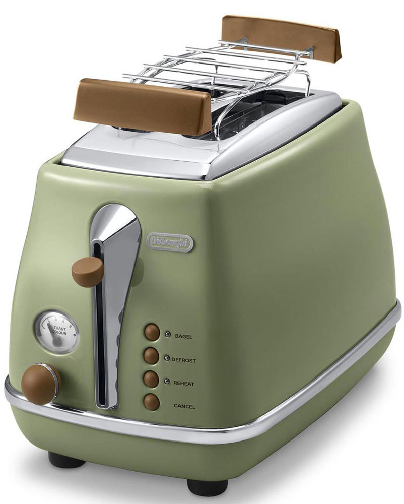 DeLonghi CTOV 2103, Green тостерCTOV2103.GR DeLonghi CTOV 2103, Green тостерCTOV2103.GRЛаконичный тостер DeLonghi CTOV 2103 оснащен удобным кнопочным управлением и регулятором степени прожарки тостов. Решетка из нержавеющей стали предназначена для подогрева булочек и круассанов. Ножки тостера имеют специальное нескользящее покрытие, благодаря им прибор устойчиво располагается на рабочей поверхности. Готовые тосты высоко поднимаются над нагретой поверхностью прибора, это исключает вероятность ожогов и повышает безопасность эксплуатации.