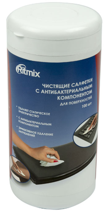 Ritmix RC-100TPA средство для ухода за электроникойRC-100TPA Ritmix RC-100TPA средство для ухода за электроникойRC-100TPAСалфетки Ritmix RC-100TPA предназначены для очистки пластиковых, ламинированных поверхностей компьютеров, аудио-, видео- и бытовой техники, мебели и любых других поверхностей. Способ применения: Открыть клапан. Достать салфетку. Плотно закрыть клапан (во избежание высыхания тщательно закрывайте клапан упаковки). Обработать поверхность. Условия хранения: Вскрытую упаковку плотно закрывать. Вскрытую упаковку использовать в течение 4-х месяцев. Хранить вдали от источников тепла и не подвергать воздействию прямых солнечных лучей. Хранить в недоступном для детей месте. Хранить в отапливаемых помещениях при температуре от 0 до +25 градусов по Цельсию.