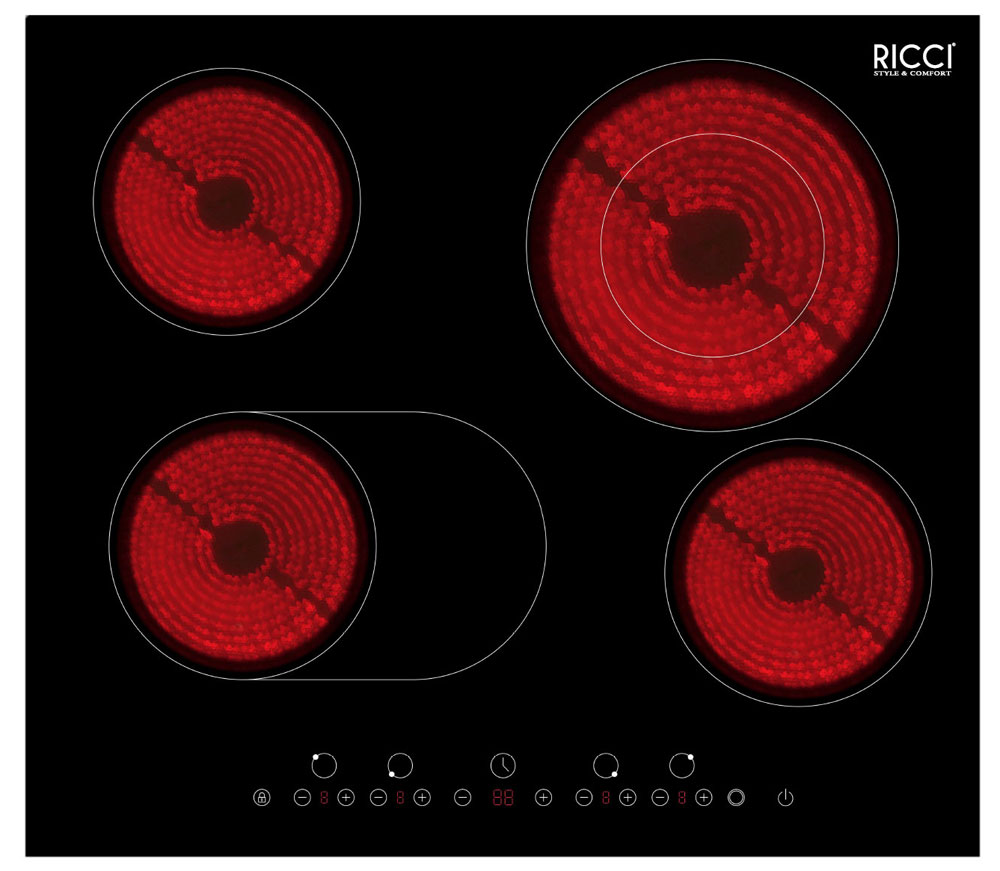 Ricci RCH-6602, Black варочная панель72 RCH-6602 Ricci RCH-6602, Black варочная панель72 RCH-6602Ricci RCH-6602 - стильная и надежная инфракрасная варочная поверхность с сенсорным управлением, тремя зонами нагрева и 9 уровнями мощности. Данная модель оснащена всеми современными функциями, такими как таймер, блокировка от детей, автоматическое отключение и защитой от перегрева. Дизайн панели отлично впишется в любую современную кухню. Мощность конфорок: 2 зоны 1200 Вт + 2 зоны 1100/2000 Вт Диаметр конфорок: 165 мм; 270 x 165 мм; 230 мм; 165 мм