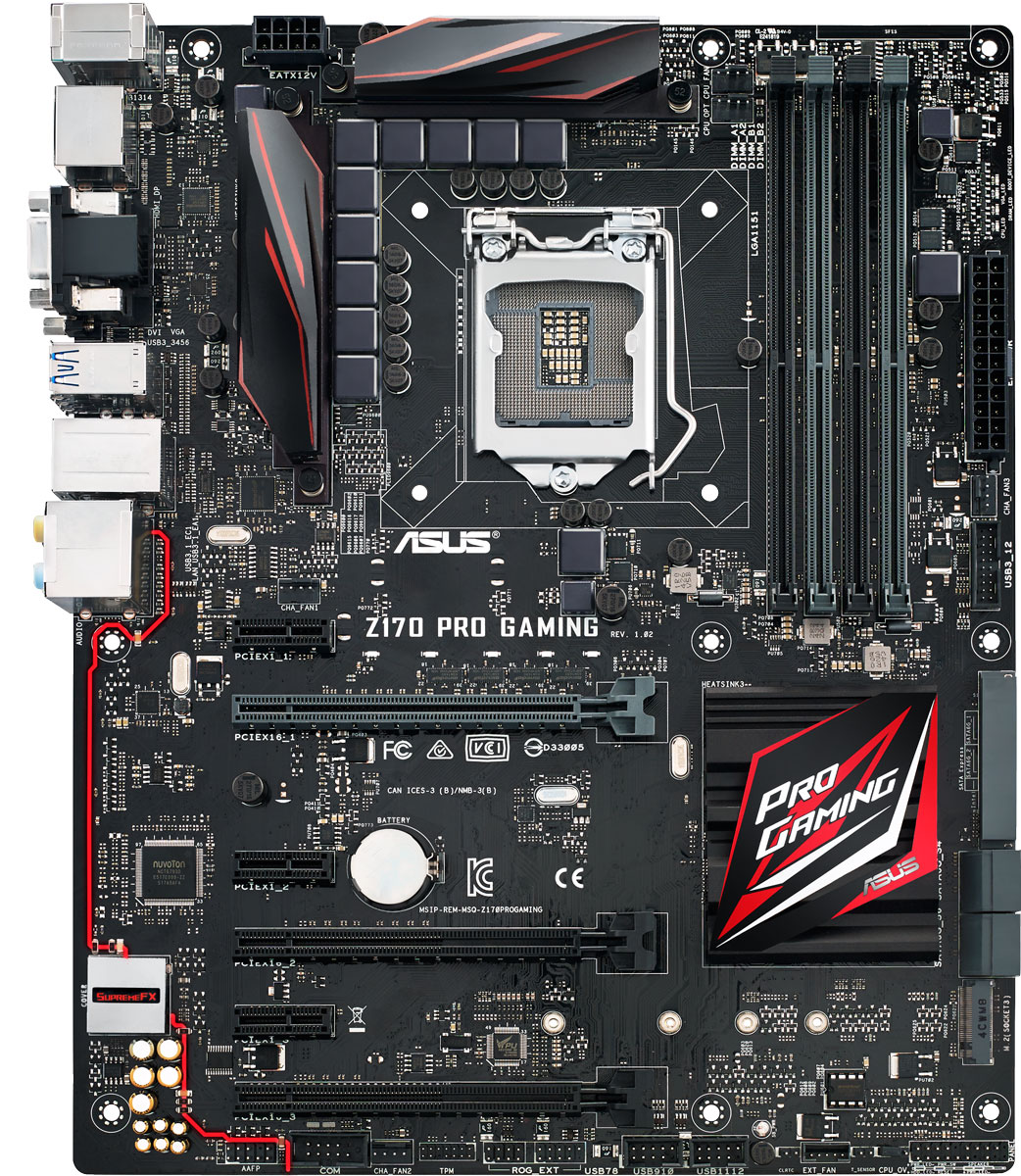 ASUS Z170 PRO GAMING материнская платаZ170 PRO GAMING ASUS Z170 PRO GAMING материнская платаZ170 PRO GAMINGОдно из главных достоинств материнской платы ASUS Z170 PRO GAMING - это высококачественная аудиосистема, в основу которой заложено ядро SupremeFX и первоклассные конденсаторы от японской компании Nichicon. Изоляция, которая эффективно минимизирует помехи, выделяется при помощи эстетичной подсветки. Экранирование устраняет любые электромагнитные наводки, а усилитель сопротивлением 300 Ом позволяет пользоваться наушниками класса «professional». Функция Sonic Radar II помогает геймерам, которые отдают предпочтение такому жанру игр, как First Person Shooter (шутеры от первого лица), визуализировать источники звуков от выстрелов, взрывов, шагов и криков, даже если они не находятся в зоне видимости. Контроллер, который устанавливается на данную системную плату, поддерживает технологию GameFirst III, отвечающий за комфорт игры без задержек. При этом игрок может использовать интернет-соединение сразу для нескольких приложений. Следует отметить...